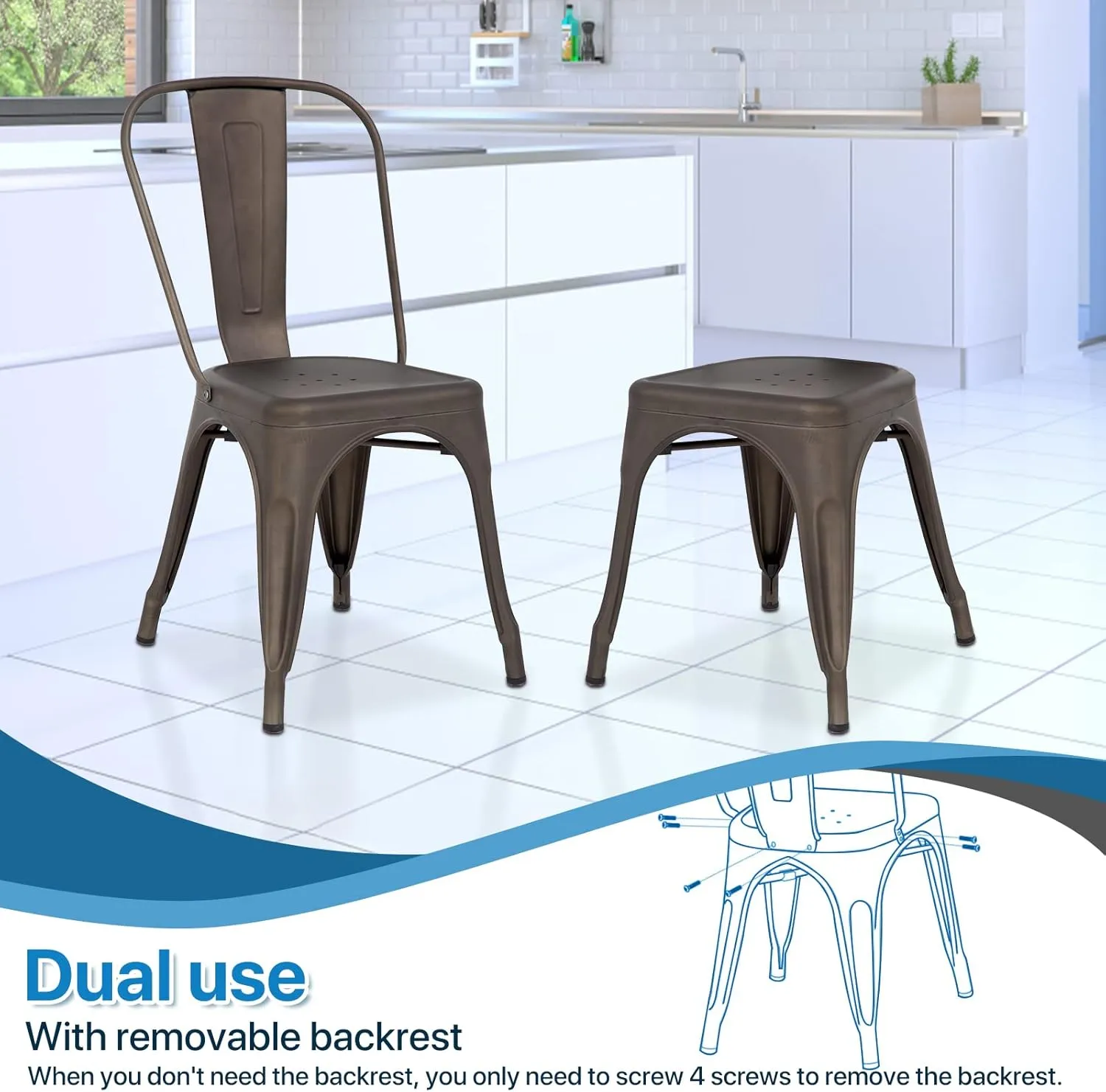 Tolix Metal Dining Chair Set of 4, 18 Inch Seat Height, Stackable, Indoor/Outdoor, Brown