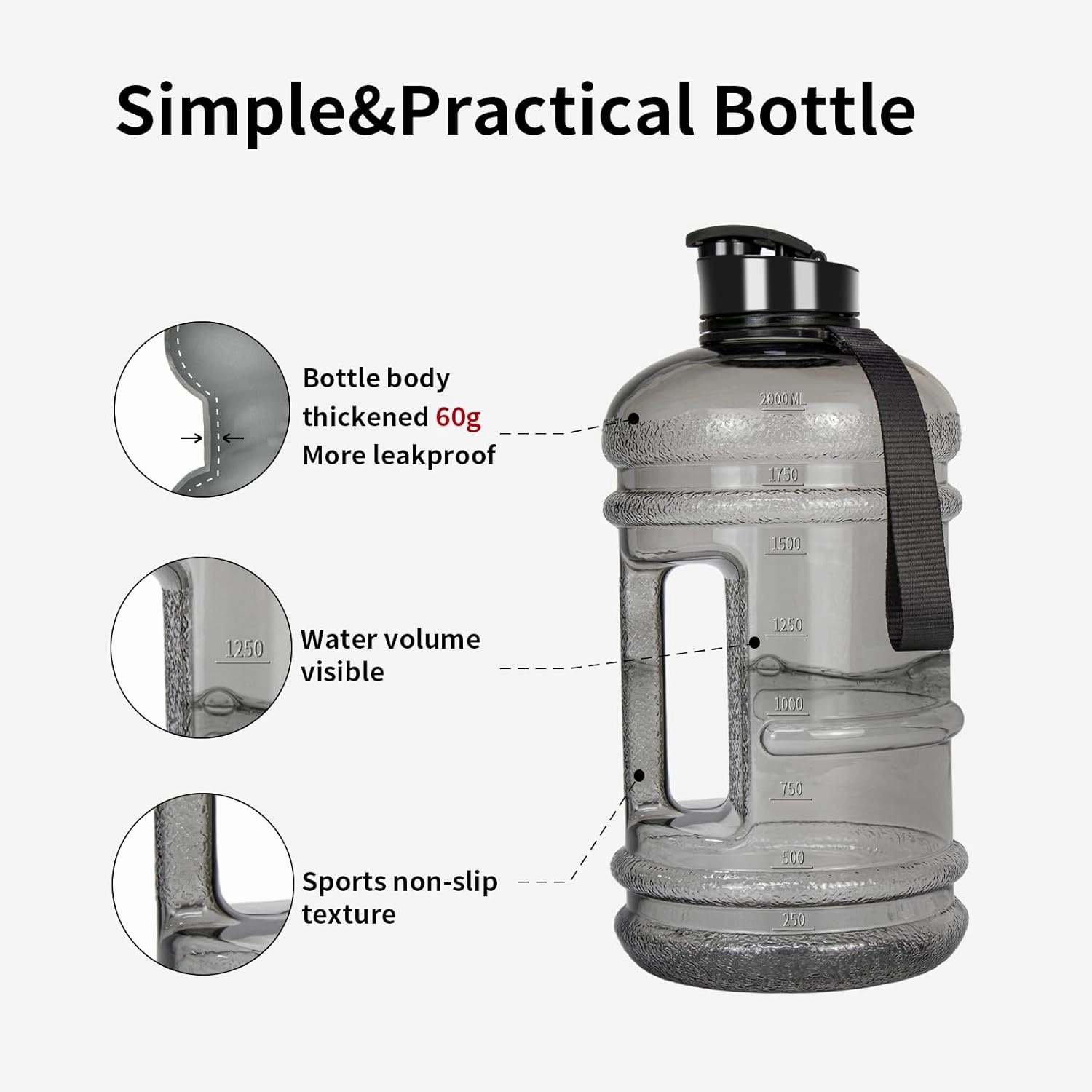 TOOFEEL 2 Liter Water Bottles - Half Gallon Water Bottle BPA Free - Ideal for Gym, Half Gallon Water Jug, Reusable 74 oz Water Bottle with Measurements Marked - Transparent Ligh Gray