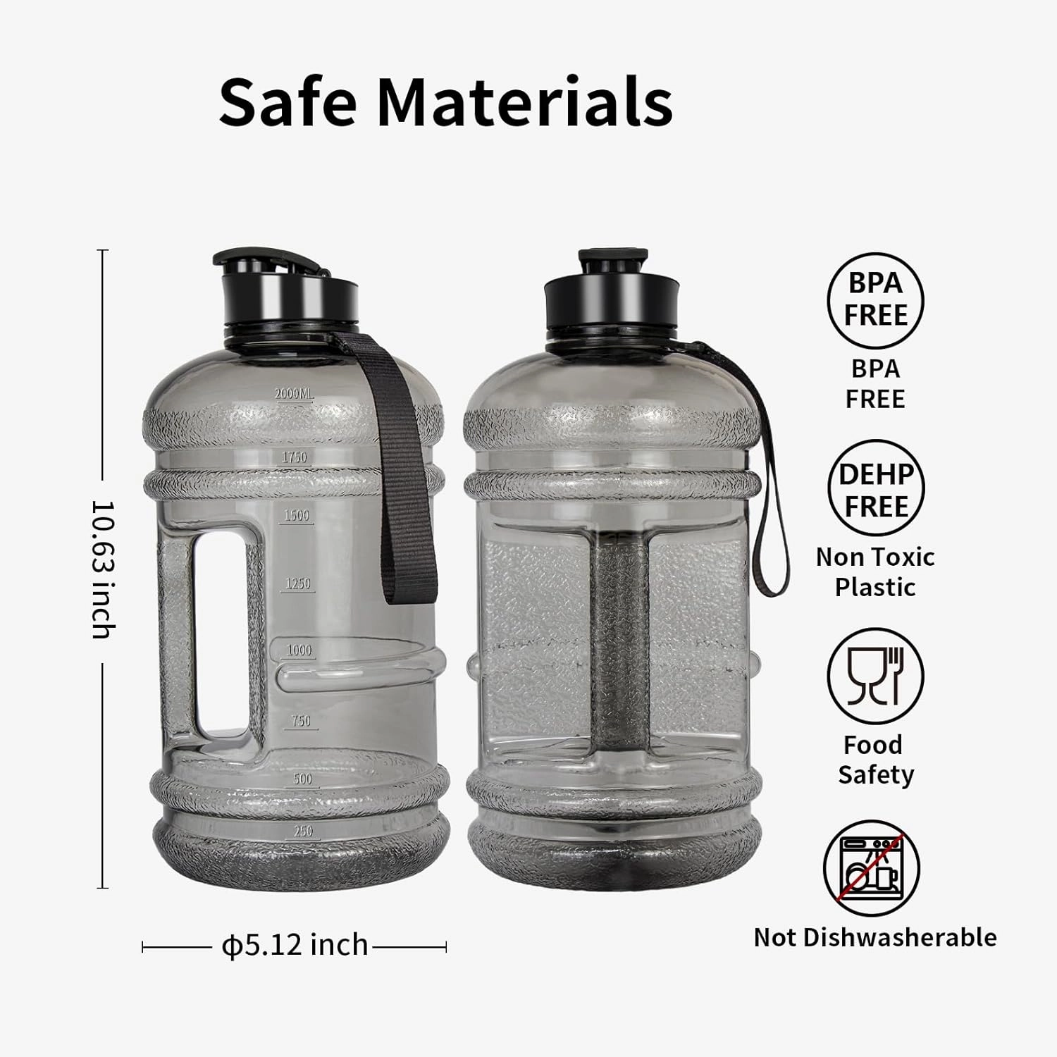 TOOFEEL 2 Liter Water Bottles - Half Gallon Water Bottle BPA Free - Ideal for Gym, Half Gallon Water Jug, Reusable 74 oz Water Bottle with Measurements Marked - Transparent Ligh Gray