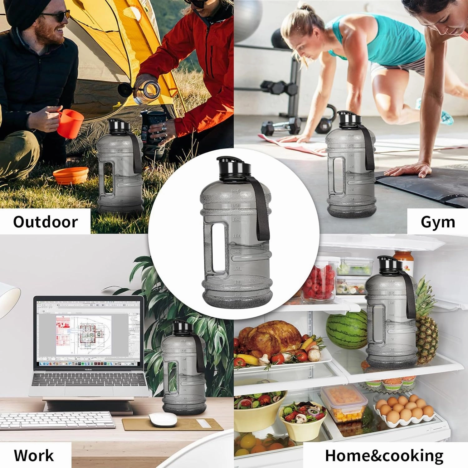 TOOFEEL 2 Liter Water Bottles - Half Gallon Water Bottle BPA Free - Ideal for Gym, Half Gallon Water Jug, Reusable 74 oz Water Bottle with Measurements Marked - Transparent Ligh Gray