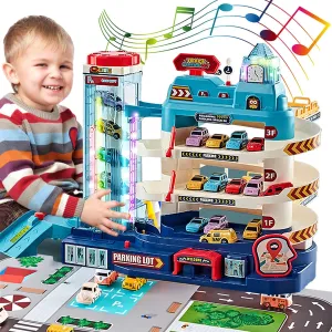 Toy Car Ramp Track Dinosaur Climbing Hills and Lifting Parking Lot with 8 Mini Racer Cars, Christmas & Birthday Toy Gift for Kids 3 4 5 6 7 8 9 Years Old (Lifting Parking Lot Track  4 Cars)