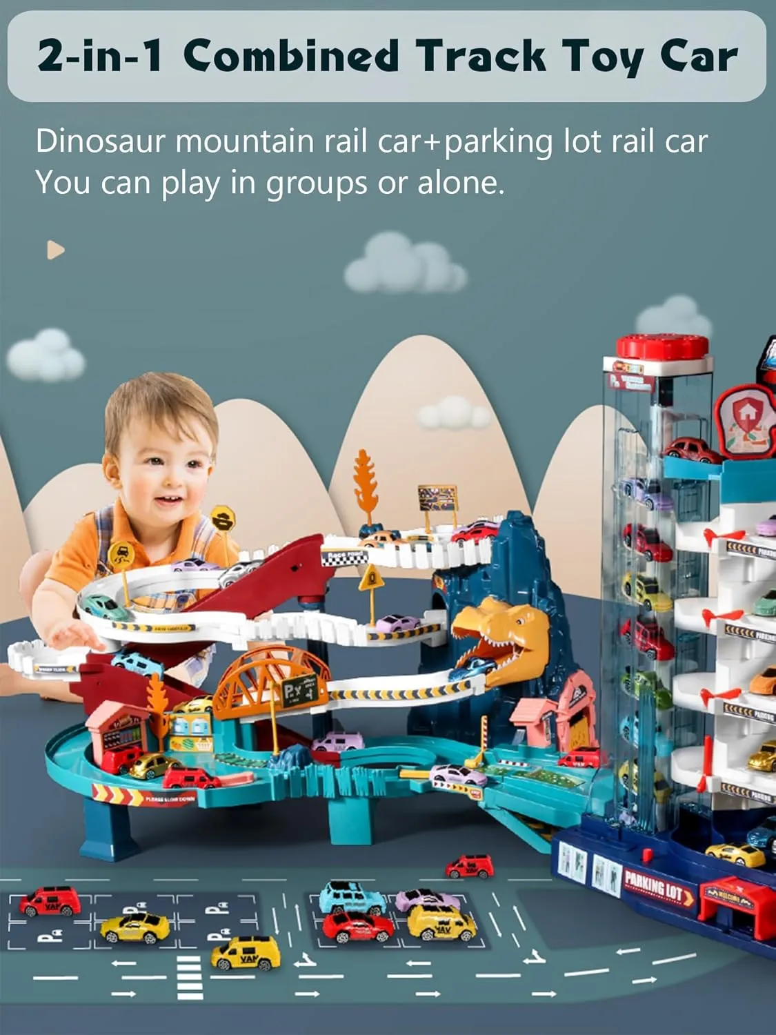 Toy Car Ramp Track Dinosaur Climbing Hills and Lifting Parking Lot with 8 Mini Racer Cars, Christmas & Birthday Toy Gift for Kids 3 4 5 6 7 8 9 Years Old (Lifting Parking Lot Track  4 Cars)