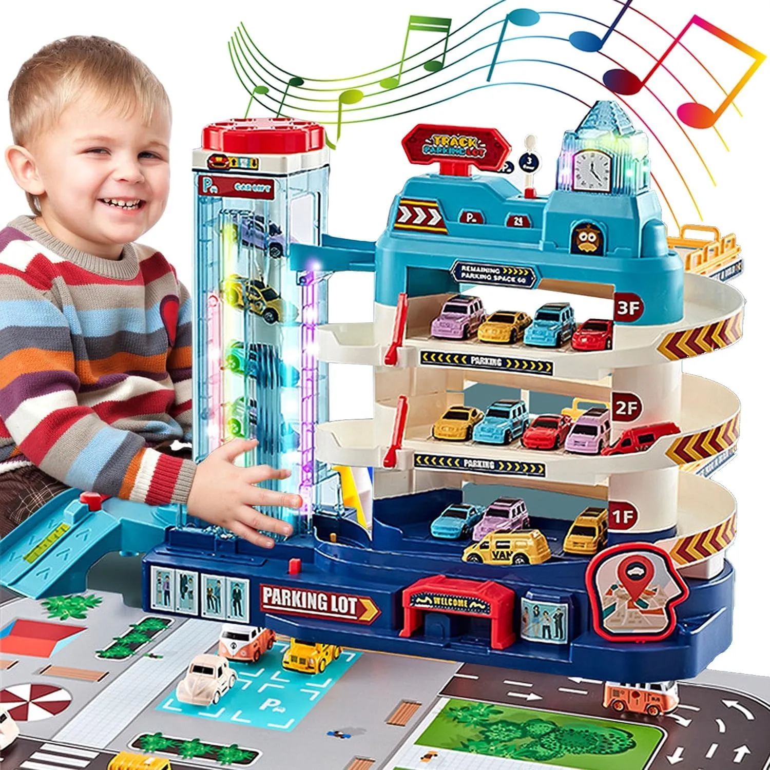 Toy Car Ramp Track Dinosaur Climbing Hills and Lifting Parking Lot with 8 Mini Racer Cars, Christmas & Birthday Toy Gift for Kids 3 4 5 6 7 8 9 Years Old (Lifting Parking Lot Track  4 Cars)