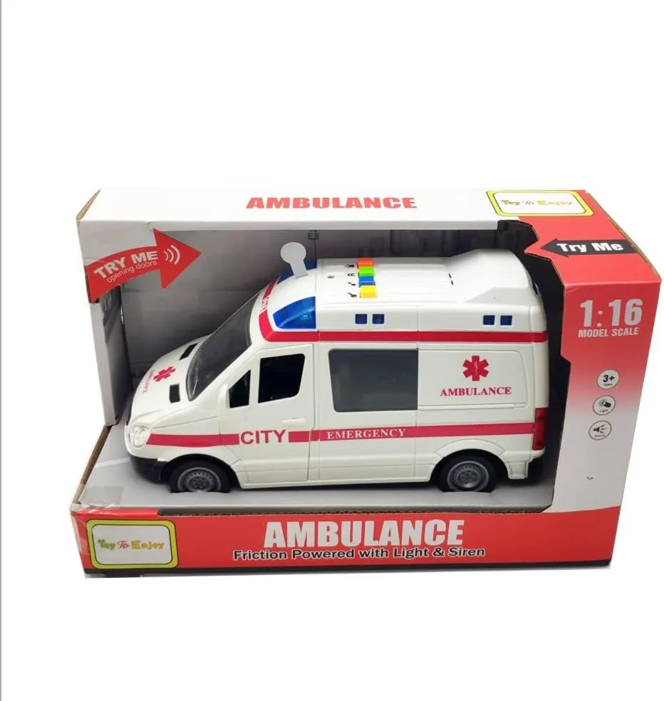 Toy To Enjoy Ambulance Toy Car with Light & Siren Sound Effects - Friction Powered Wheels & LED Lights - Medical Transport Emergency Vehicle, Heavy Duty Plastic Rescue Vehicle Toy for Kids & Children