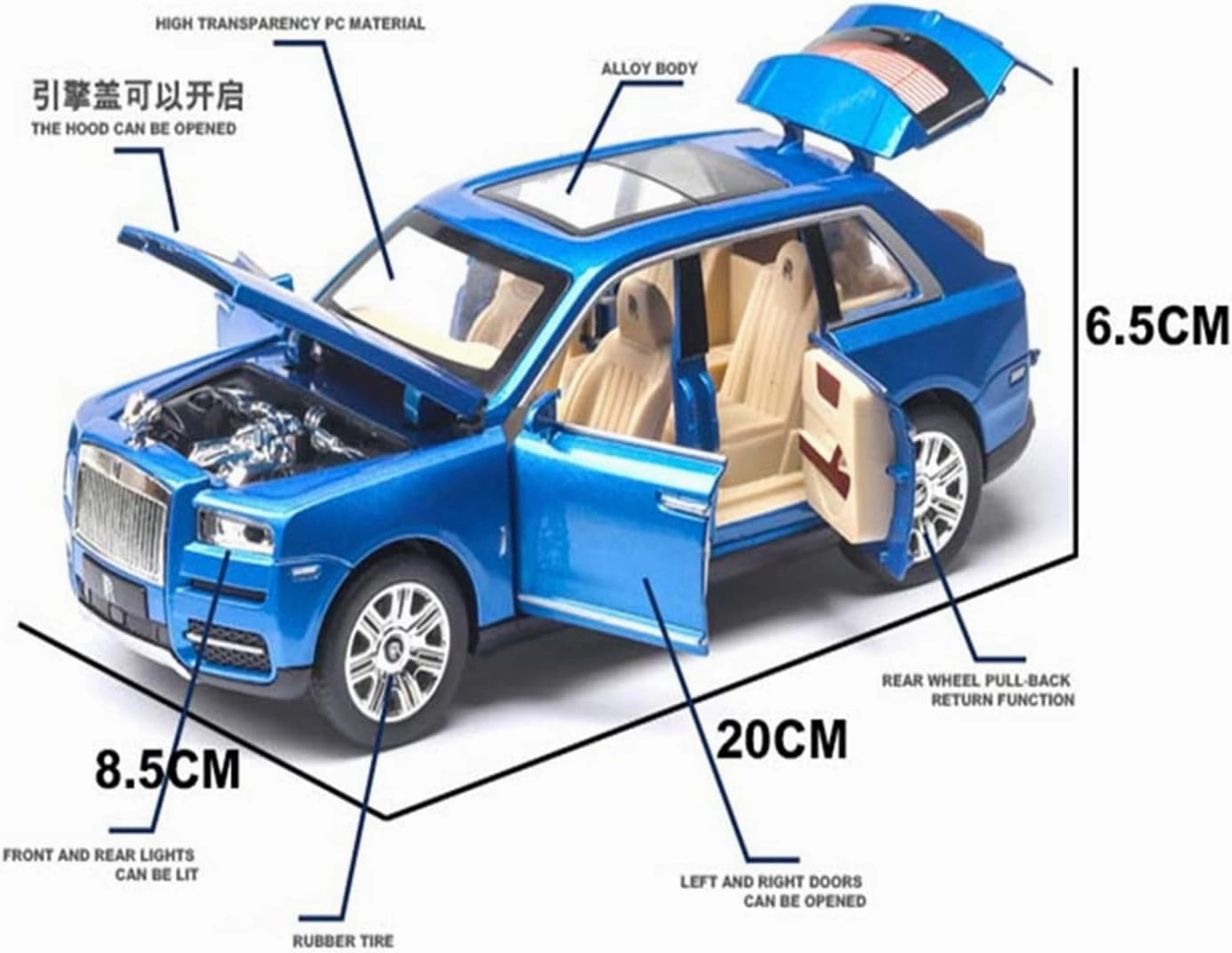 Toy car Model 1/24 for Rolls Royce Cullinan SUV Car Model Alloy Die Cast Toy Sound Light Toys Vehicle (Color : Black)