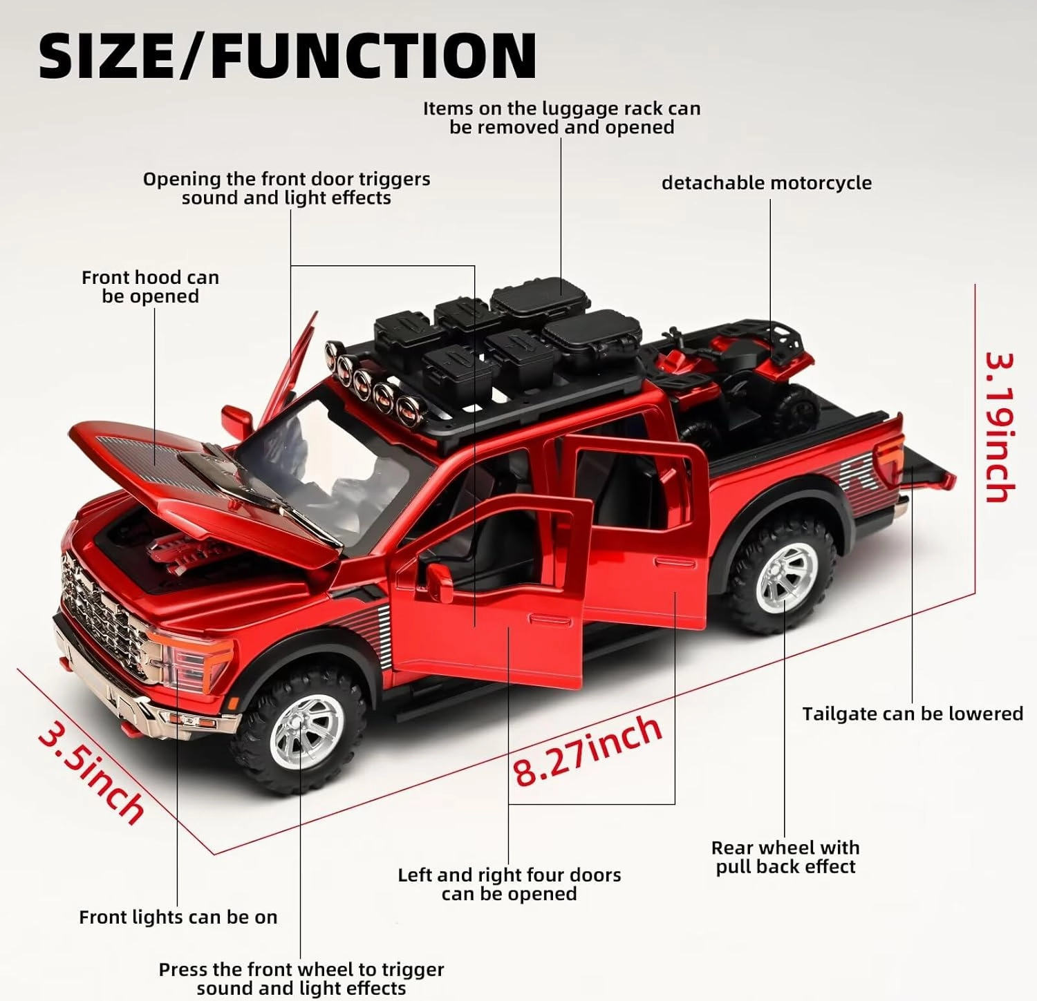 Toy Trucks for Boys 1/24 F150 Toy Truck,Diecast Trucks F150 Model Kit,Pull Back Toy Pickup Truck with Light and Sound, Toy Trucks for Boys Age 4-7（Red）