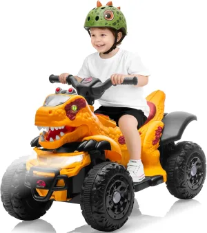 Track Seven 12V Kids Dinosuar Ride on ATV, Ride on Toy, Dinosaur Design Quad 4 Wheeler, Music Early Education Function, Power Display, Safe Driving, Outdoor Toys for Boys Girls (Yellow)