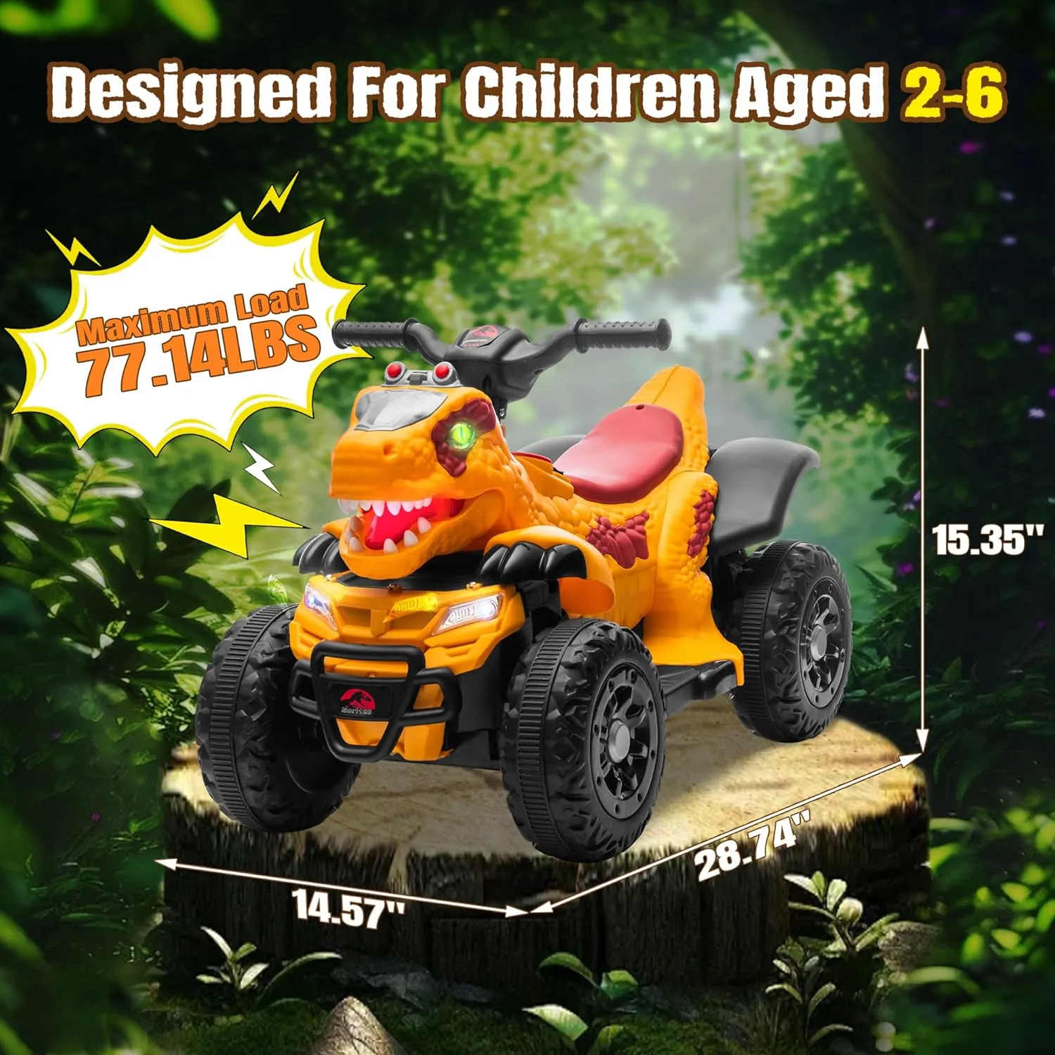 Track Seven 12V Kids Dinosuar Ride on ATV, Ride on Toy, Dinosaur Design Quad 4 Wheeler, Music Early Education Function, Power Display, Safe Driving, Outdoor Toys for Boys Girls (Yellow)