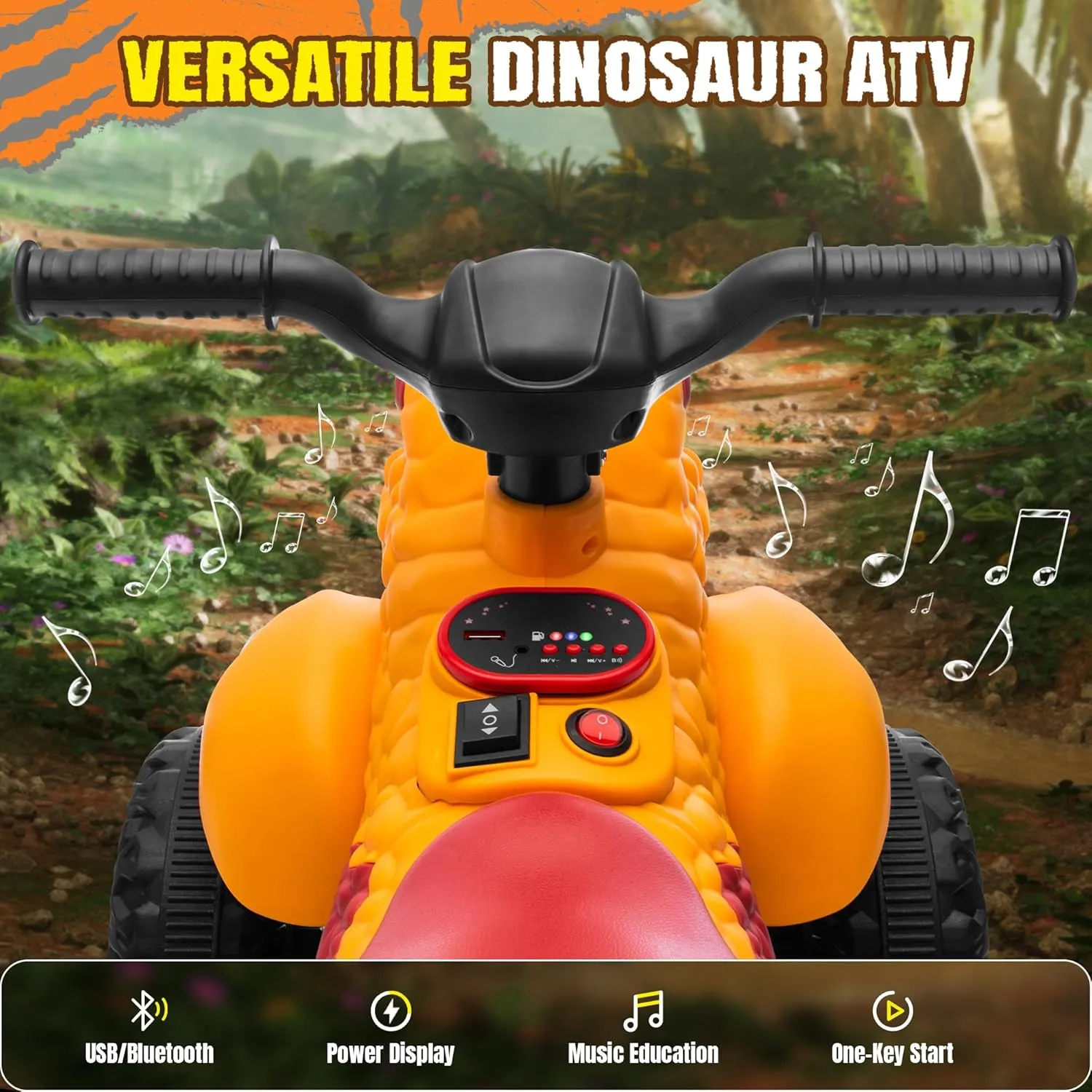 Track Seven 12V Kids Dinosuar Ride on ATV, Ride on Toy, Dinosaur Design Quad 4 Wheeler, Music Early Education Function, Power Display, Safe Driving, Outdoor Toys for Boys Girls (Yellow)