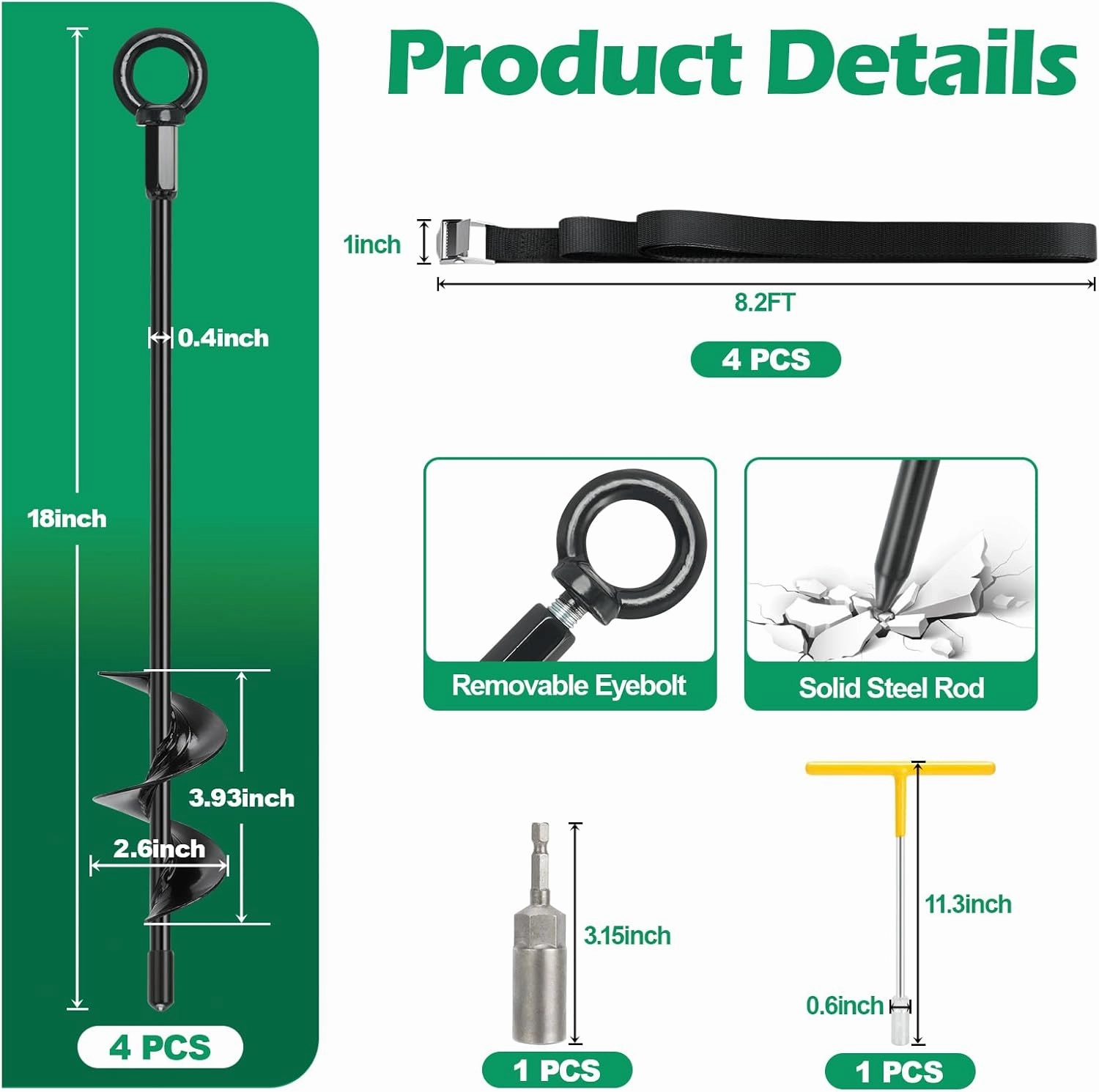 Trampoline Stakes, 4/6/818" Trampoline Anchors High Wind Heavy Duty Kit, Ground Anchors Screw in, Earth Anchor with Adjustable Tie-Down Straps for RV Awning Swing Set Canopy Tent Dog Tie Outs Stakes
