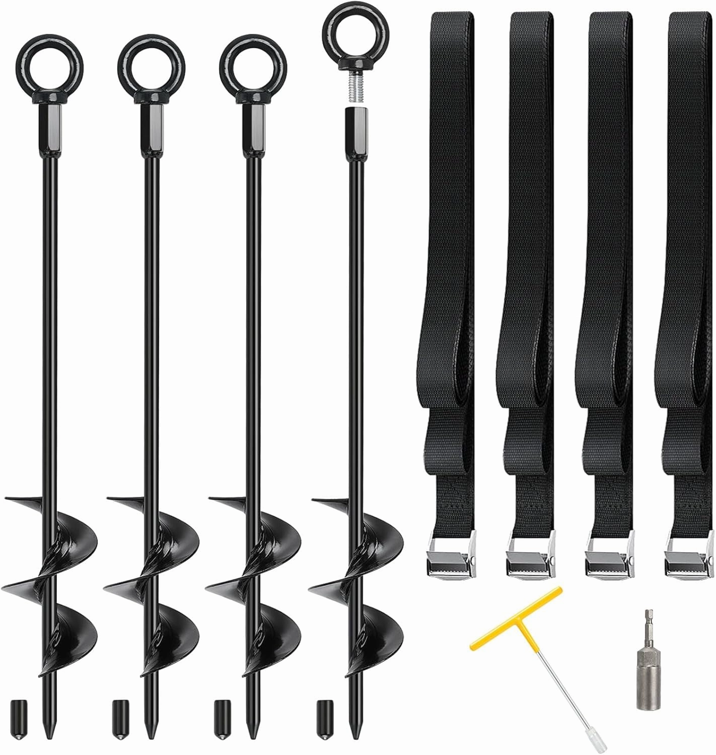 Trampoline Stakes, 4/6/818" Trampoline Anchors High Wind Heavy Duty Kit, Ground Anchors Screw in, Earth Anchor with Adjustable Tie-Down Straps for RV Awning Swing Set Canopy Tent Dog Tie Outs Stakes