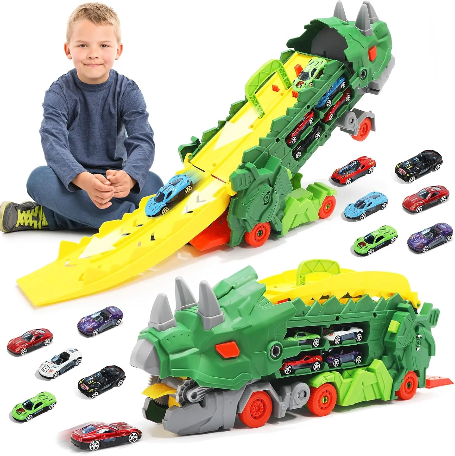 Transformer Dinosaur Truck Toys for Kids Ages 3-7, Foldable Car Transporter with Race Track, Triceratops Transport, with 8 Cars (Green)