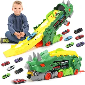 Transformer Dinosaur Truck Toys for Kids Ages 3-7, Foldable Car Transporter with Race Track, Triceratops Transport, with 8 Cars (Green)