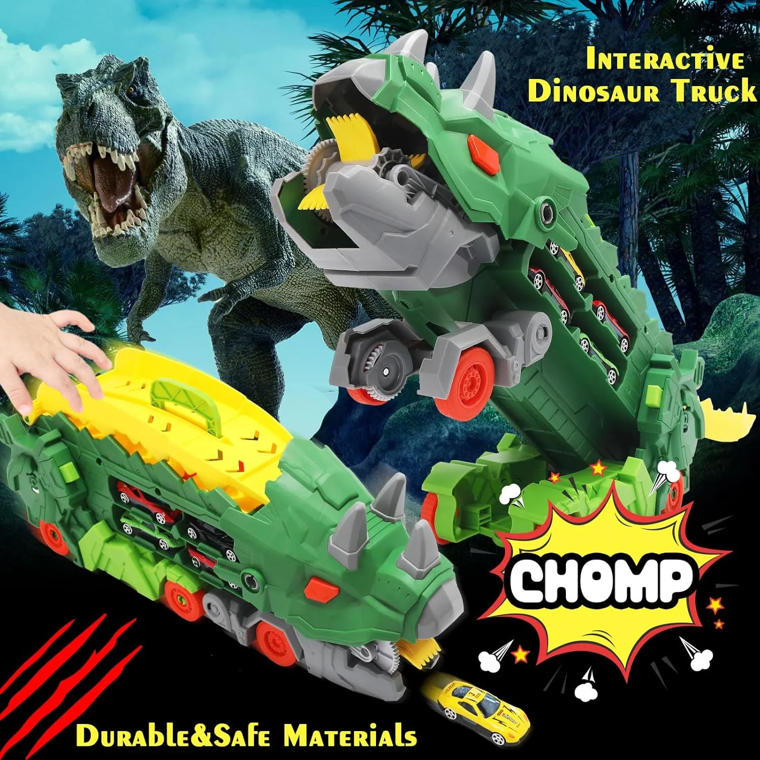 Transformer Dinosaur Truck Toys for Kids Ages 3-7, Foldable Car Transporter with Race Track, Triceratops Transport, with 8 Cars (Green)