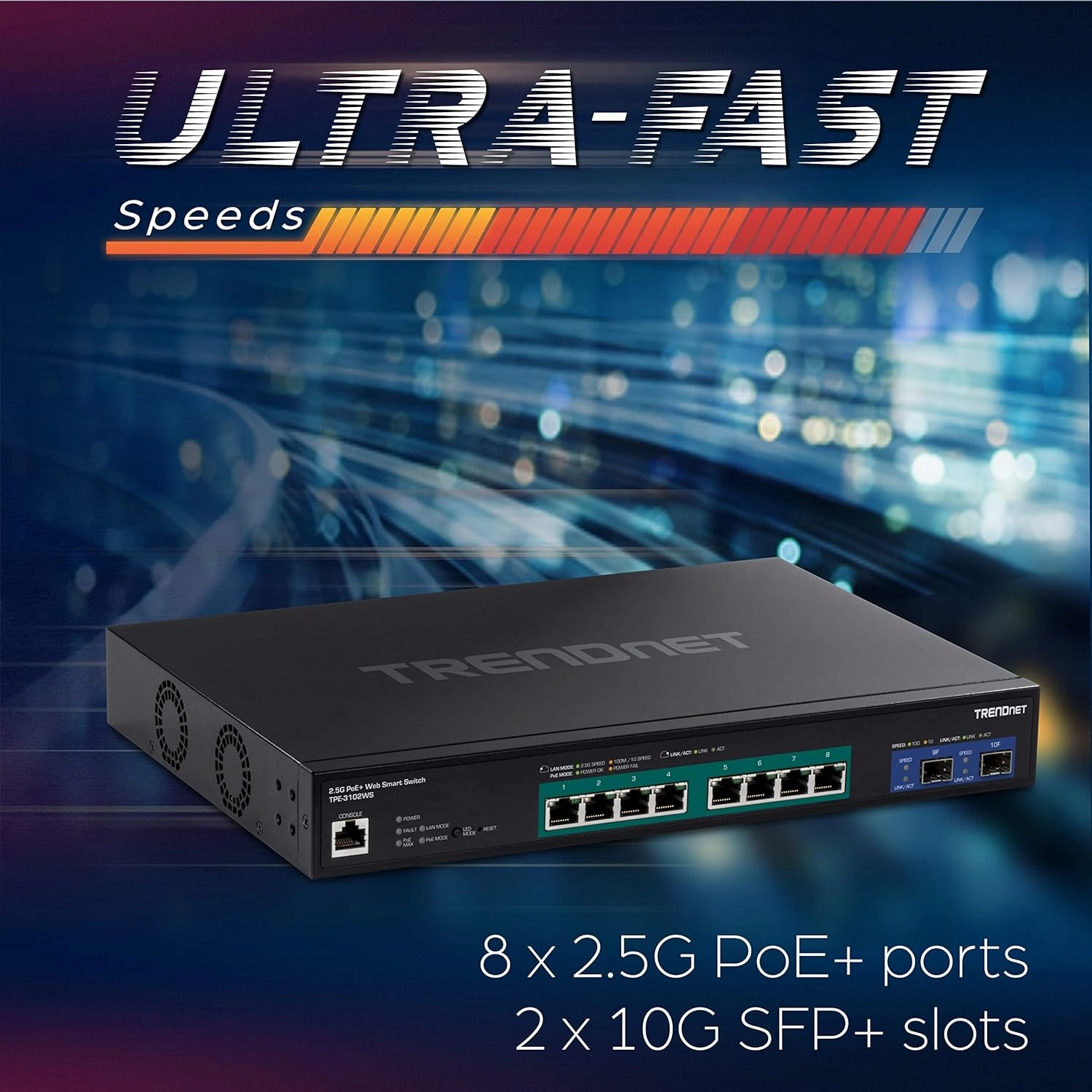 TRENDnet 10-Port Multi-Gig Web Smart PoE  Switch, 8 x 2.5GBASE-T PoE  Ports, 2 x 10G SFP  Slots, Metal Housing, Managed Network Ethernet Switch, Lifetime Protection, Black, TPE-3102WS