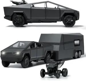 Truck Toy, Car Toy with RV, Motorcycle Cybertquad and Truck, 1/32 Alloy Diecast Pickup Trailer Model Kit with Light and Sound, for Kids - Silver