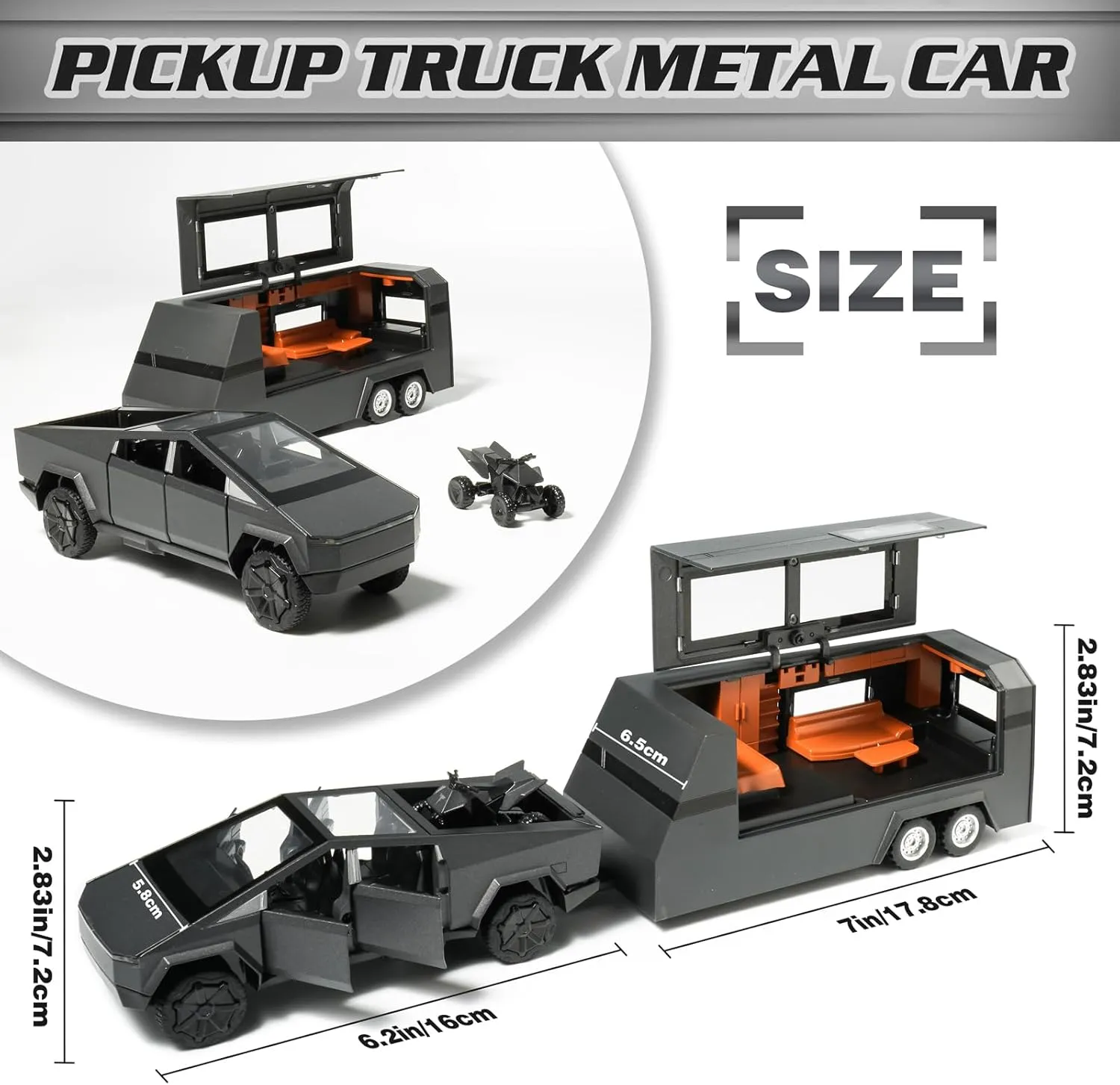 Truck Toy, Car Toy with RV, Motorcycle Cybertquad and Truck, 1/32 Alloy Diecast Pickup Trailer Model Kit with Light and Sound, for Kids - Silver