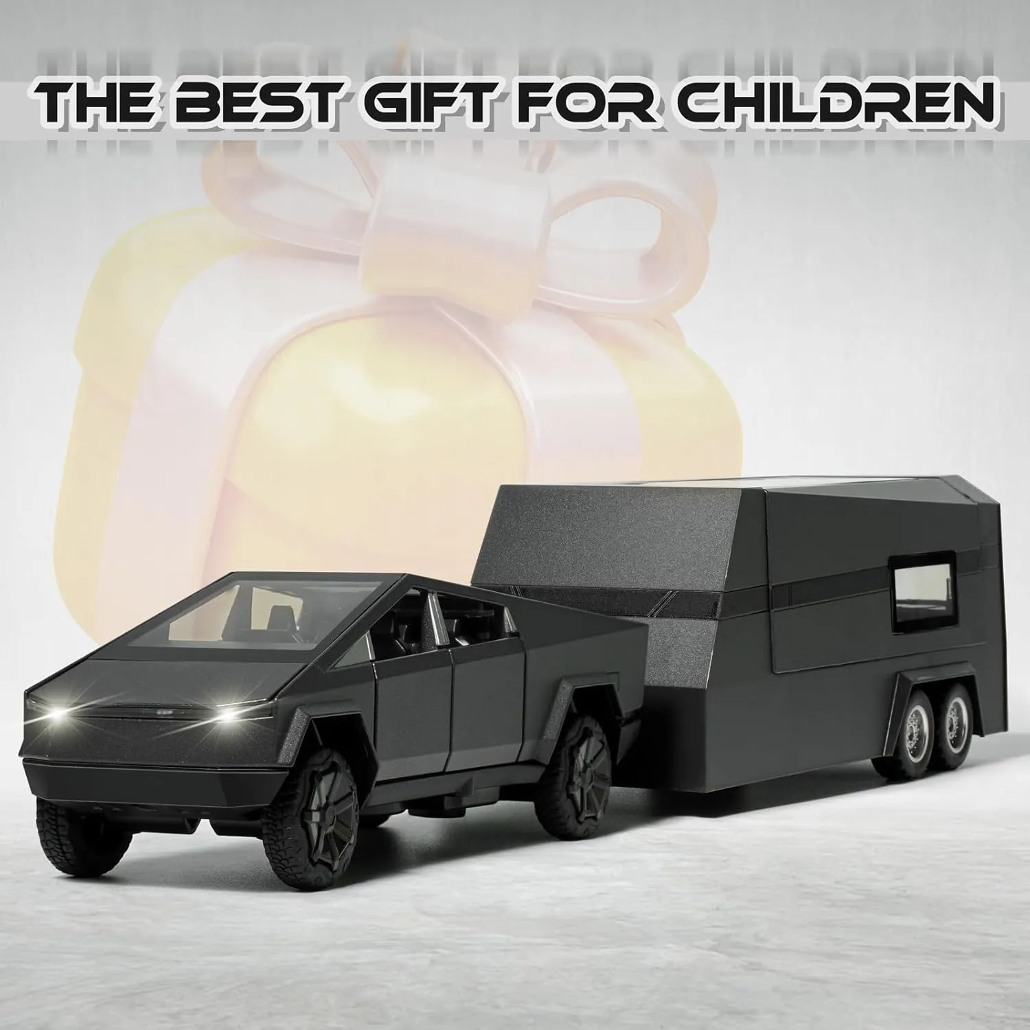 Truck Toy, Car Toy with RV, Motorcycle Cybertquad and Truck, 1/32 Alloy Diecast Pickup Trailer Model Kit with Light and Sound, for Kids - Silver
