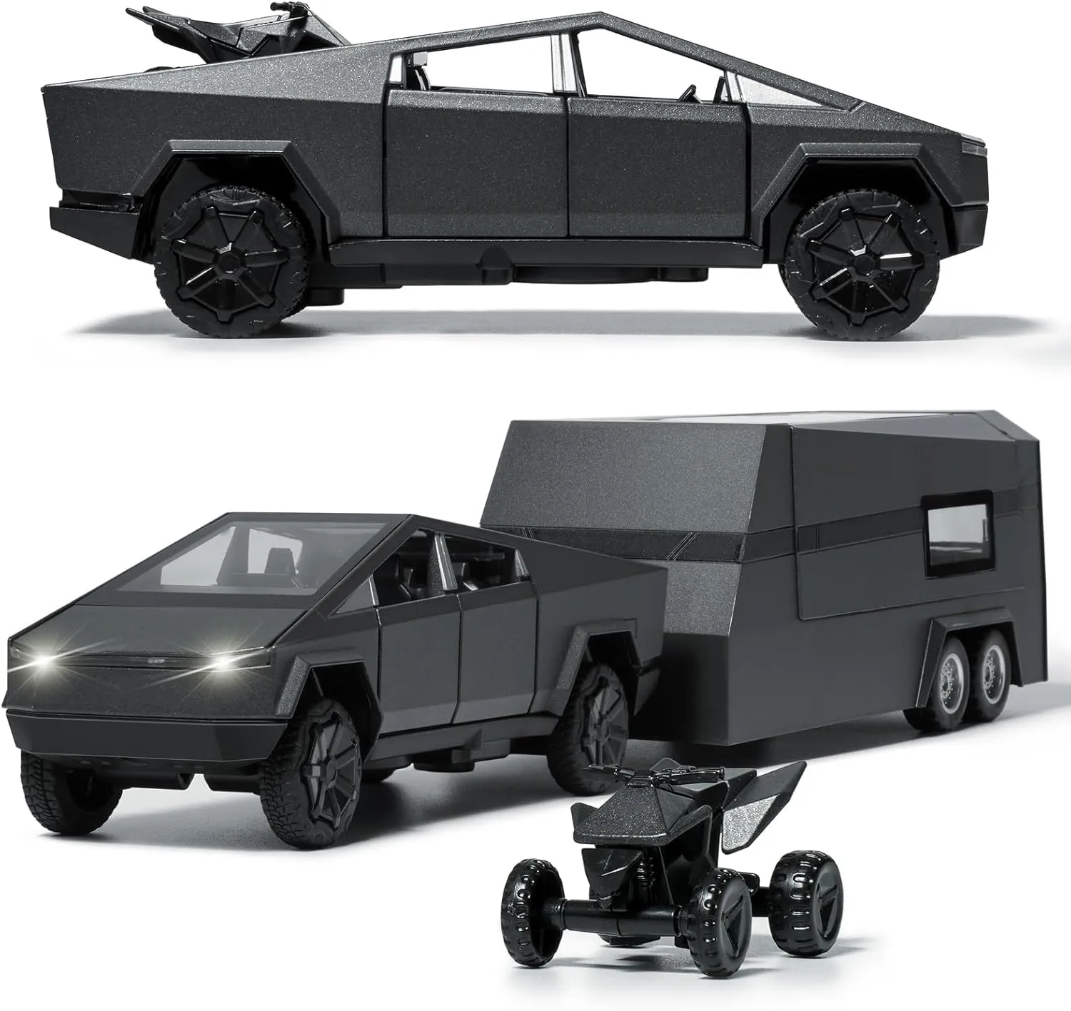 Truck Toy, Car Toy with RV, Motorcycle Cybertquad and Truck, 1/32 Alloy Diecast Pickup Trailer Model Kit with Light and Sound, for Kids - Silver