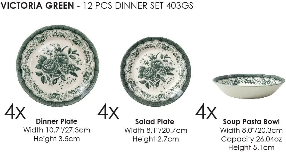 TUDOR ROYAL 12-Piece Porcelain Round Dinnerware Set, Service for 4, VICTORIA Green Design, Blue Floral, Plates Bowls Dishes, Premium Quality Tableware, Unique Pattern, Glossy