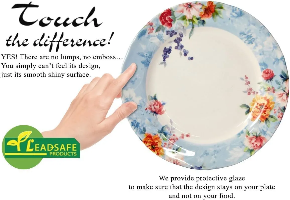 TUDOR ROYAL 12-Piece Porcelain Round Dinnerware Set, Service for 4, VICTORIA Green Design, Blue Floral, Plates Bowls Dishes, Premium Quality Tableware, Unique Pattern, Glossy