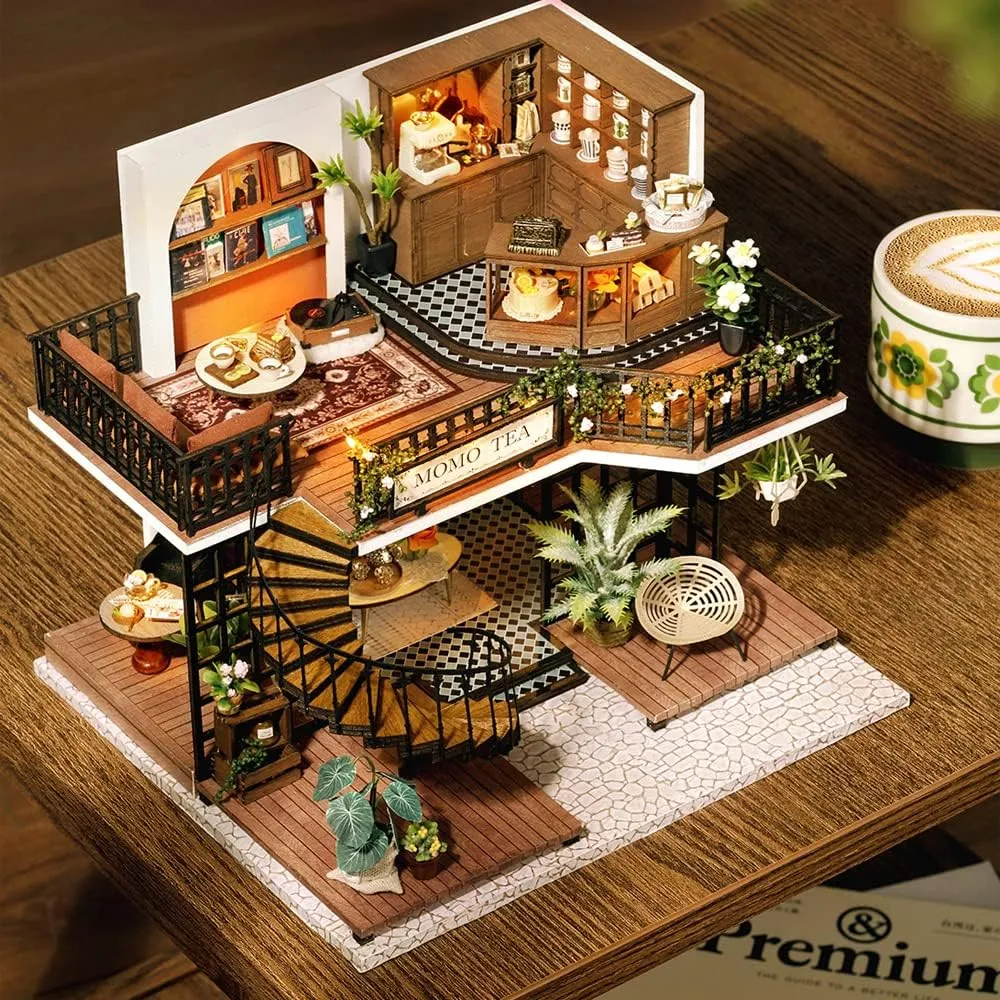 TuKIIE DIY Miniature Dollhouse Furniture Kit, 1:24 Scale Creative Room Wooden Doll House Accessories Plus Dust Proof & Music Movement for Kids Teens Adults(Forest Teashop)