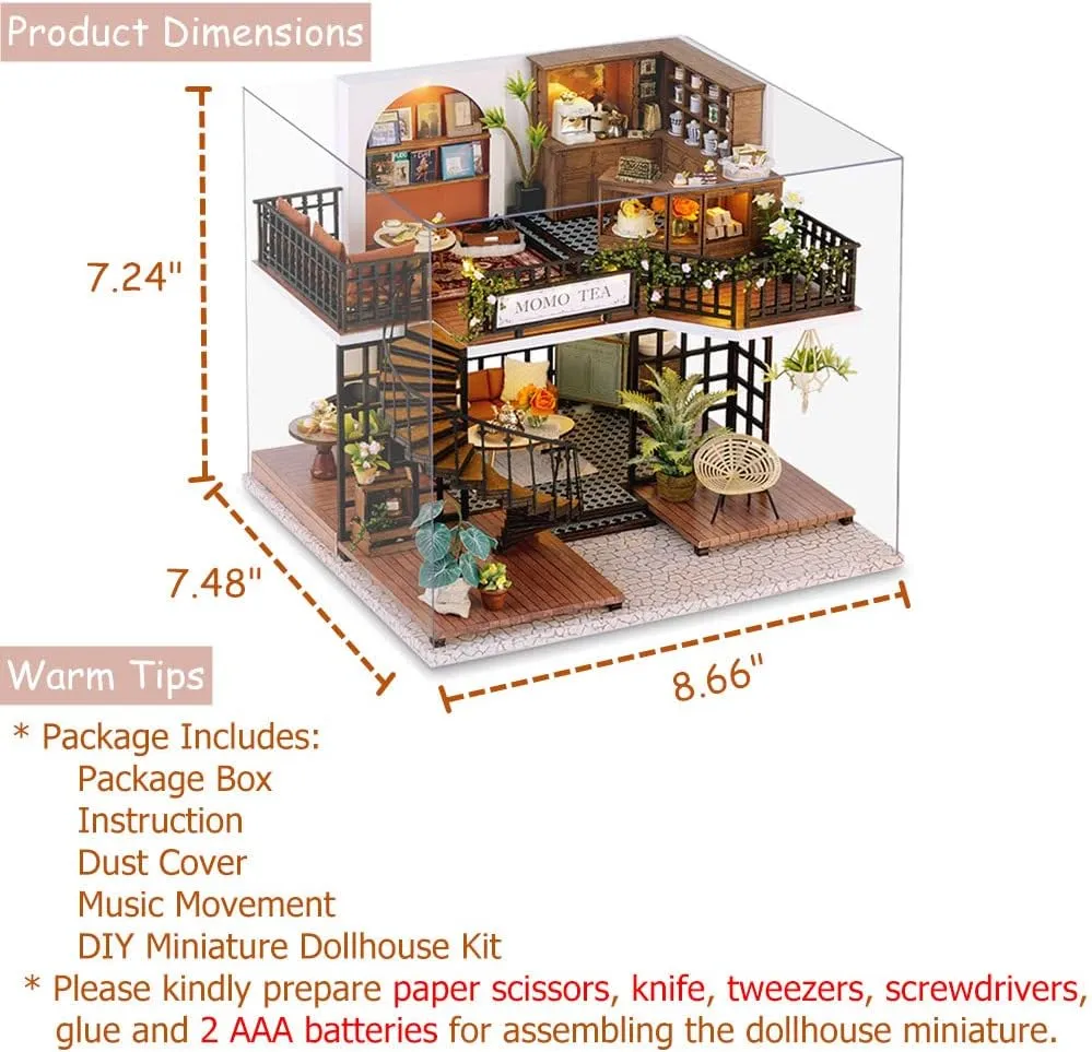 TuKIIE DIY Miniature Dollhouse Furniture Kit, 1:24 Scale Creative Room Wooden Doll House Accessories Plus Dust Proof & Music Movement for Kids Teens Adults(Forest Teashop)