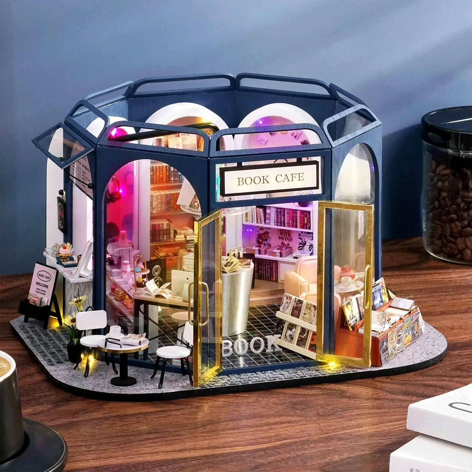 TuKIIE DIY Miniature Dollhouse Furniture Kit, 1:24 Scale Creative Room Wooden Doll House Accessories Plus Dust Proof for Kids Teens Adults(Book Cafe)