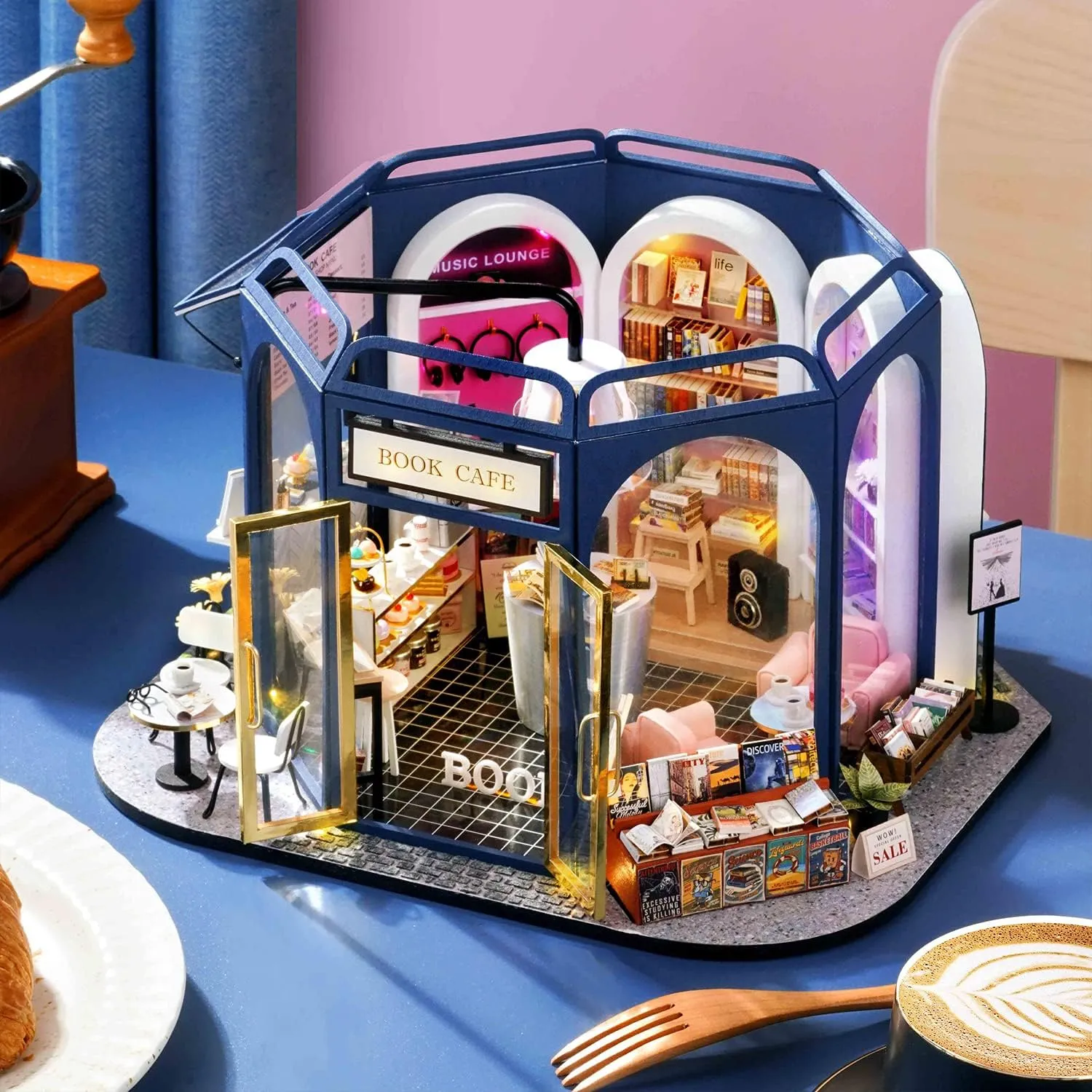 TuKIIE DIY Miniature Dollhouse Furniture Kit, 1:24 Scale Creative Room Wooden Doll House Accessories Plus Dust Proof for Kids Teens Adults(Book Cafe)