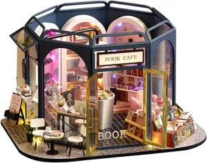 TuKIIE DIY Miniature Dollhouse Furniture Kit, 1:24 Scale Creative Room Wooden Doll House Accessories Plus Dust Proof for Kids Teens Adults(Book Cafe)