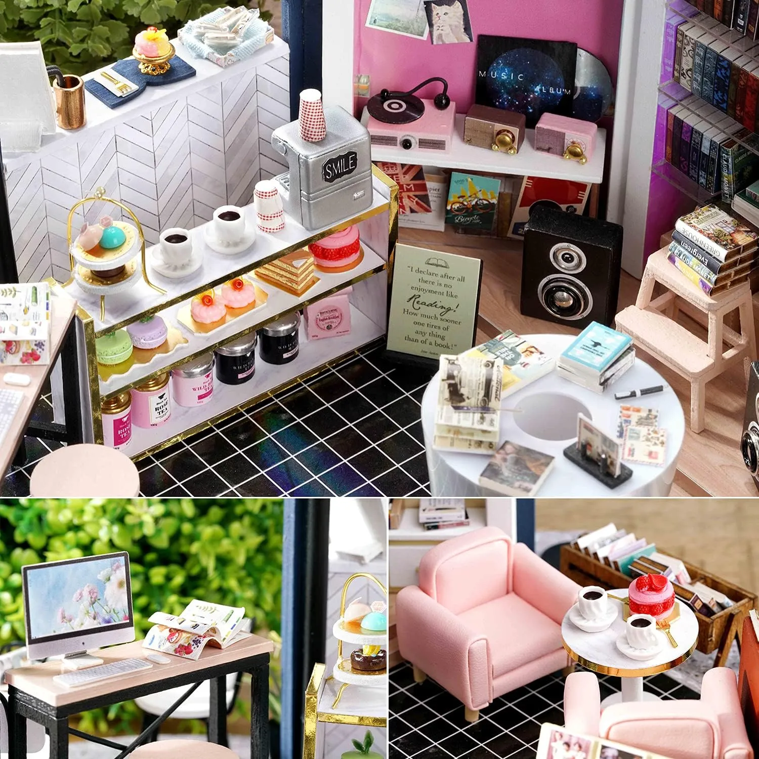 TuKIIE DIY Miniature Dollhouse Furniture Kit, 1:24 Scale Creative Room Wooden Doll House Accessories Plus Dust Proof for Kids Teens Adults(Book Cafe)