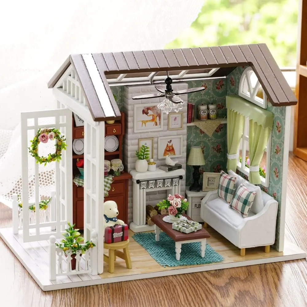 TuKIIE DIY Miniature Dollhouse Kit, 1:24 Scale Wooden Mini Doll House Accessories with Furniture for Kids Teens Adults(Happy Times)
