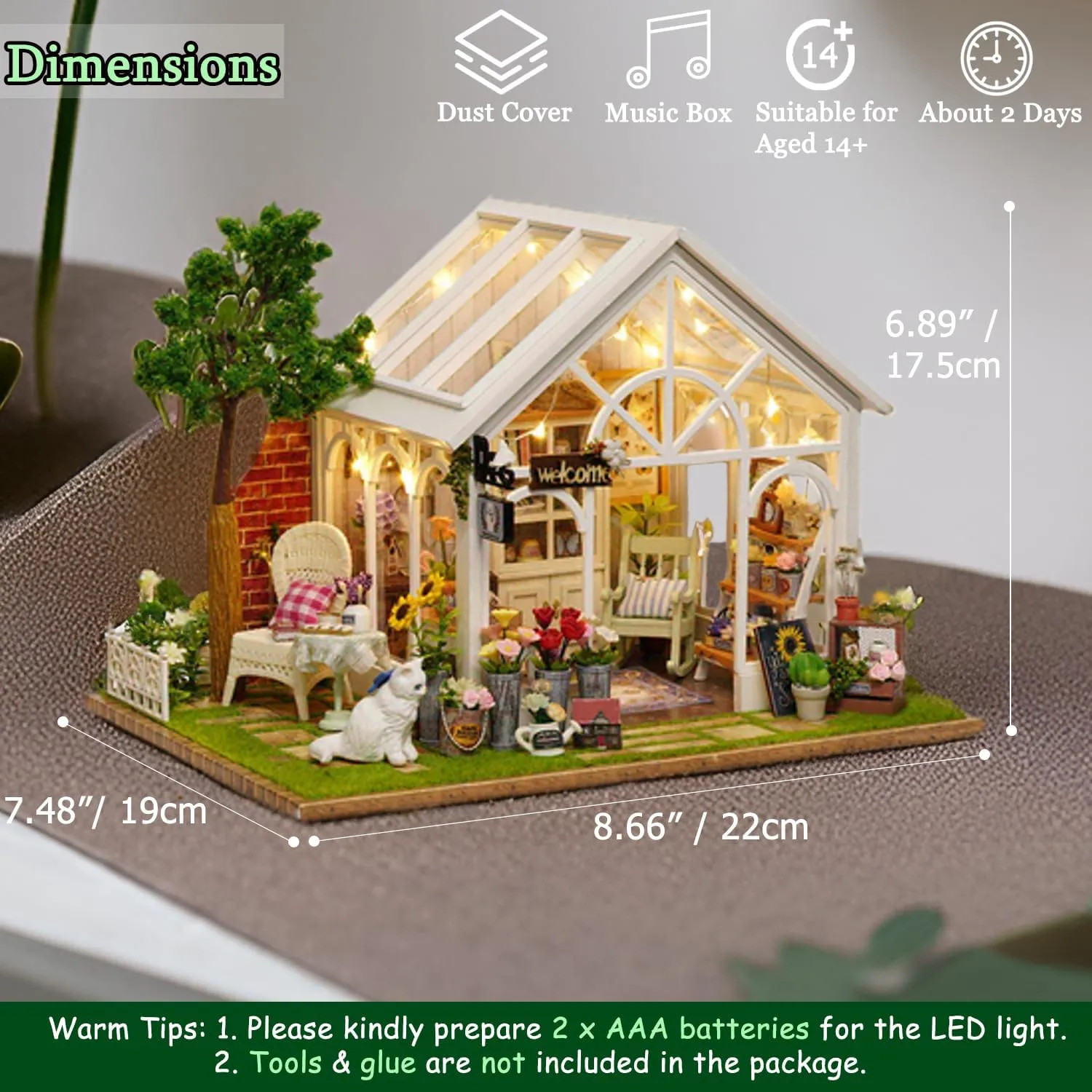 TuKIIE DIY Miniature Dollhouse Kit with Furniture, 1:24 Scale Creative Room Wooden Doll House Plus Dust Proof & Music Movement for Kids Teens Adults(Sunshine Greenhouse)
