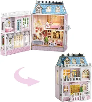 TuKIIE DIY Miniature Dollhouse Kit with Furniture, 1:32 Scale Creative Room Opened & Closed Mini Wooden Doll House for Kids Teens Adults(Romantic Castle)