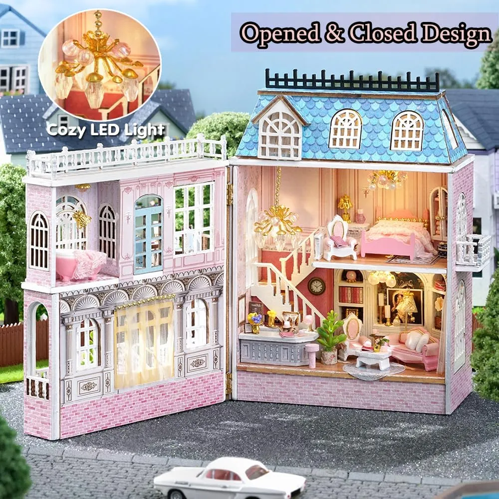 TuKIIE DIY Miniature Dollhouse Kit with Furniture, 1:32 Scale Creative Room Opened & Closed Mini Wooden Doll House for Kids Teens Adults(Romantic Castle)