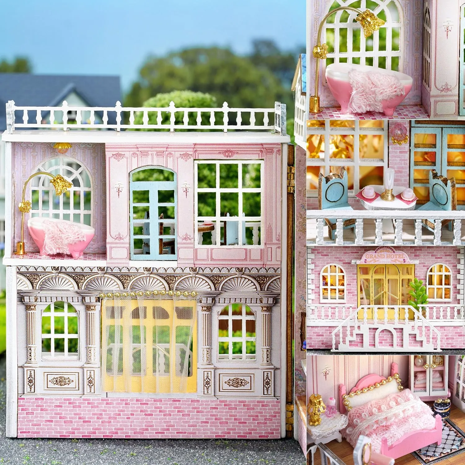 TuKIIE DIY Miniature Dollhouse Kit with Furniture, 1:32 Scale Creative Room Opened & Closed Mini Wooden Doll House for Kids Teens Adults(Romantic Castle)