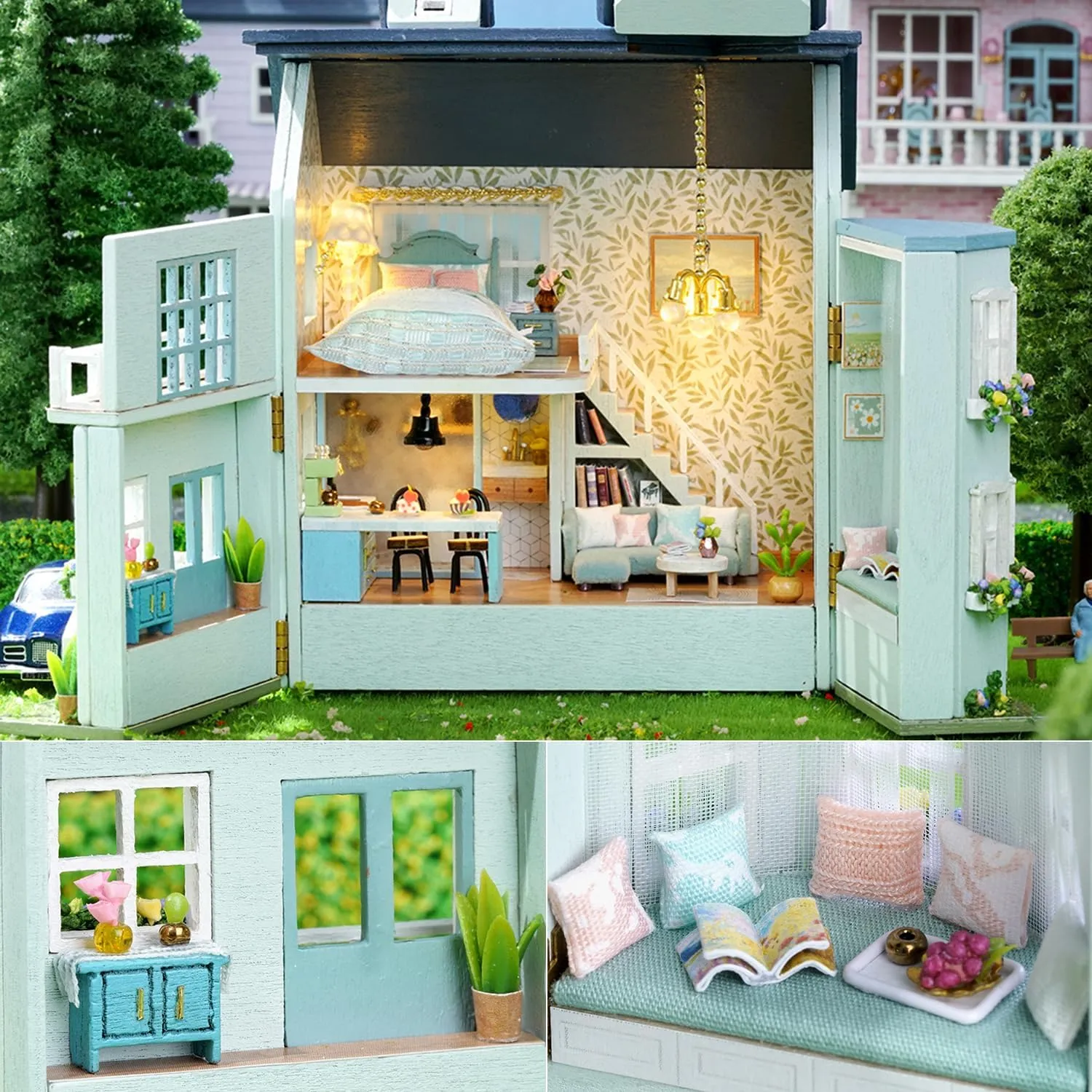 TuKIIE DIY Miniature Dollhouse Kit with Furniture, 1:32 Scale Creative Room Opened & Closed Mini Wooden Doll House for Kids Teens Adults(Warm House)