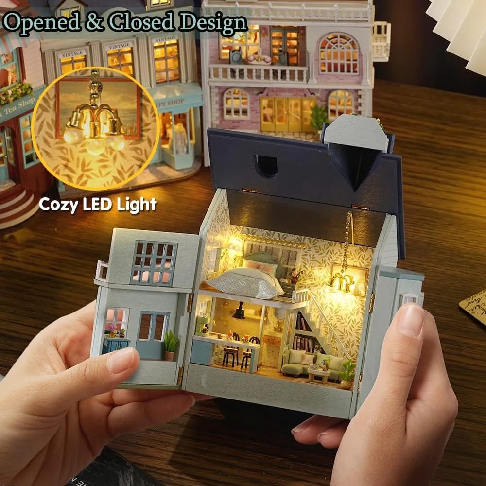 TuKIIE DIY Miniature Dollhouse Kit with Furniture, 1:32 Scale Creative Room Opened & Closed Mini Wooden Doll House for Kids Teens Adults(Warm House)
