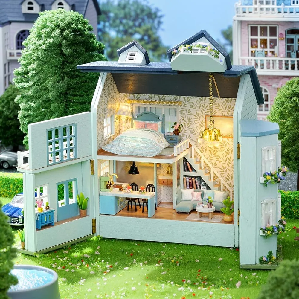 TuKIIE DIY Miniature Dollhouse Kit with Furniture, 1:32 Scale Creative Room Opened & Closed Mini Wooden Doll House for Kids Teens Adults(Warm House)