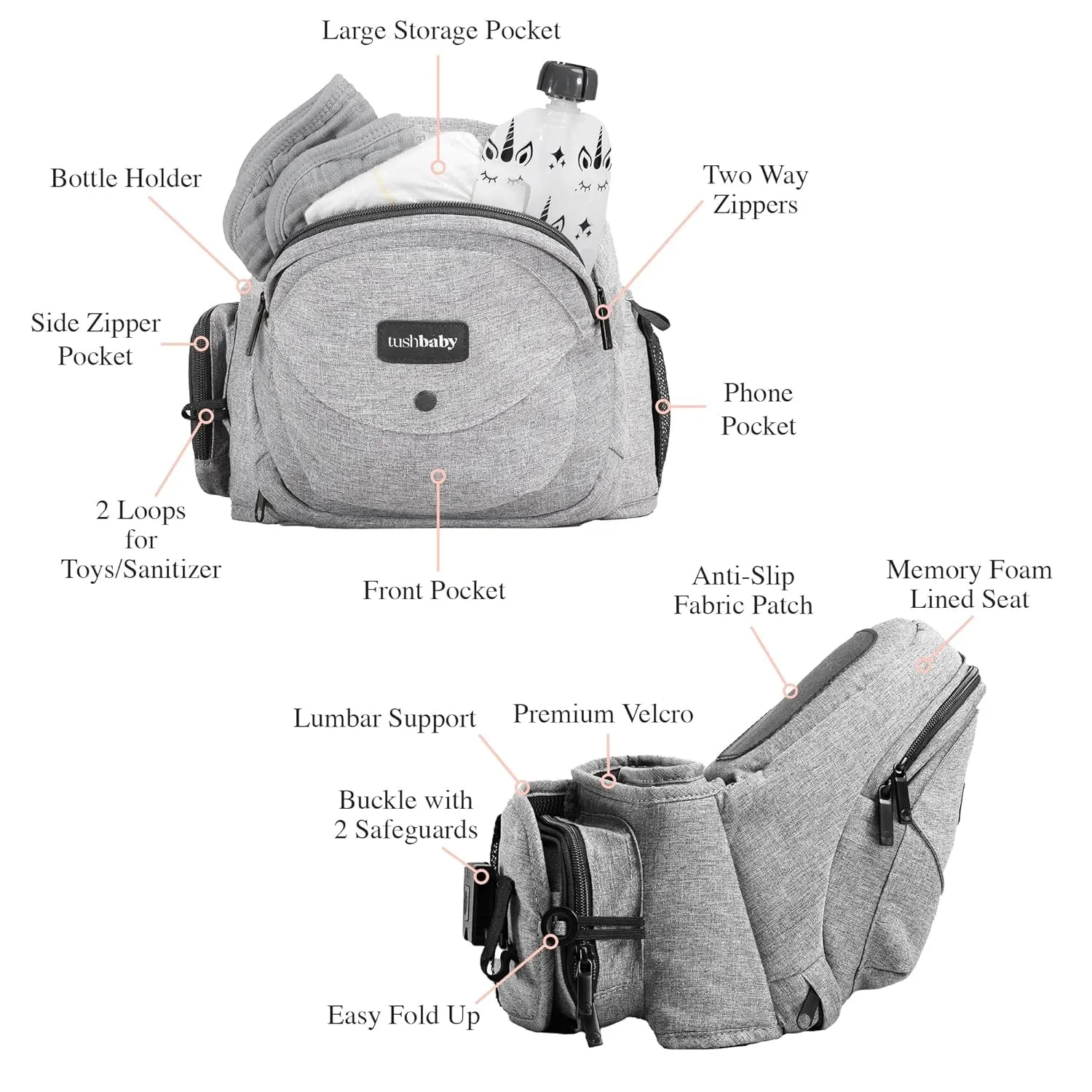 Tushbaby The Original Safety-Certified Hip Carrier for Babies & Toddlers: Machine Washable Child Waist Seat with Pocket Storage, As Seen on Shark Tank (23”-44” Waist, 0-3 yrs up to 45lbs) – Grey