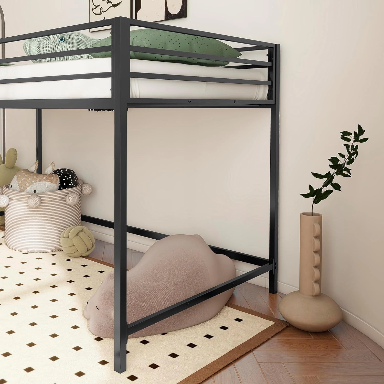 Twin Size Low Loft Bed for Kids,Kids Loft Bed Twin Size,Metal Loft Bed Frame for Boys Girls,Junior Low Loft Bed,Black