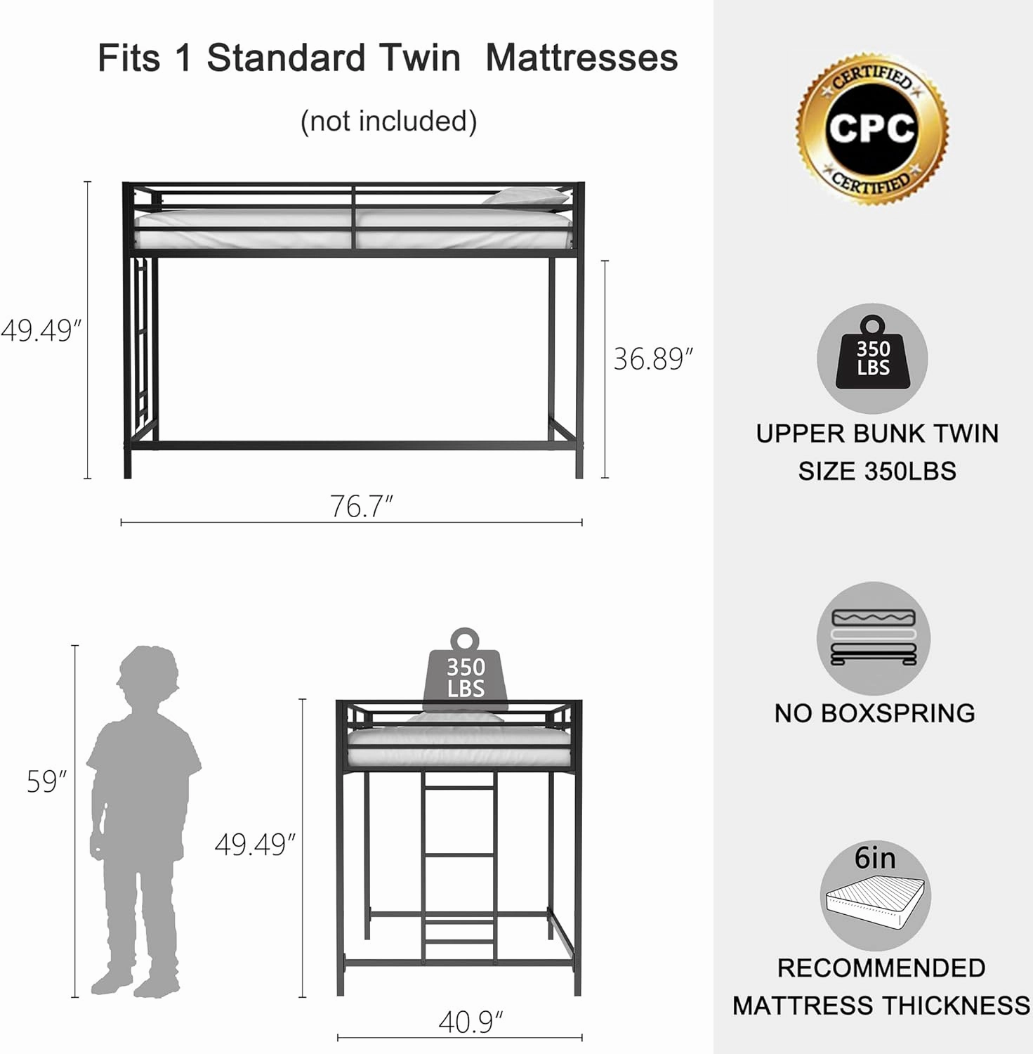Twin Size Low Loft Bed for Kids,Kids Loft Bed Twin Size,Metal Loft Bed Frame for Boys Girls,Junior Low Loft Bed,Black