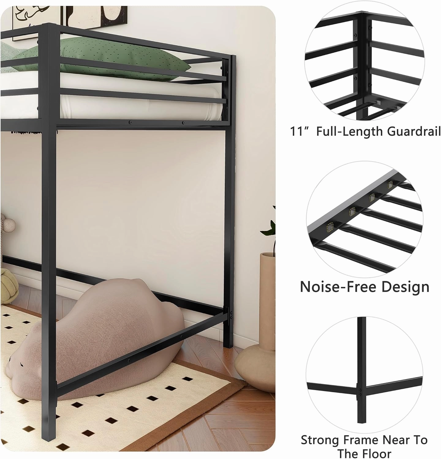 Twin Size Low Loft Bed for Kids,Kids Loft Bed Twin Size,Metal Loft Bed Frame for Boys Girls,Junior Low Loft Bed,Black