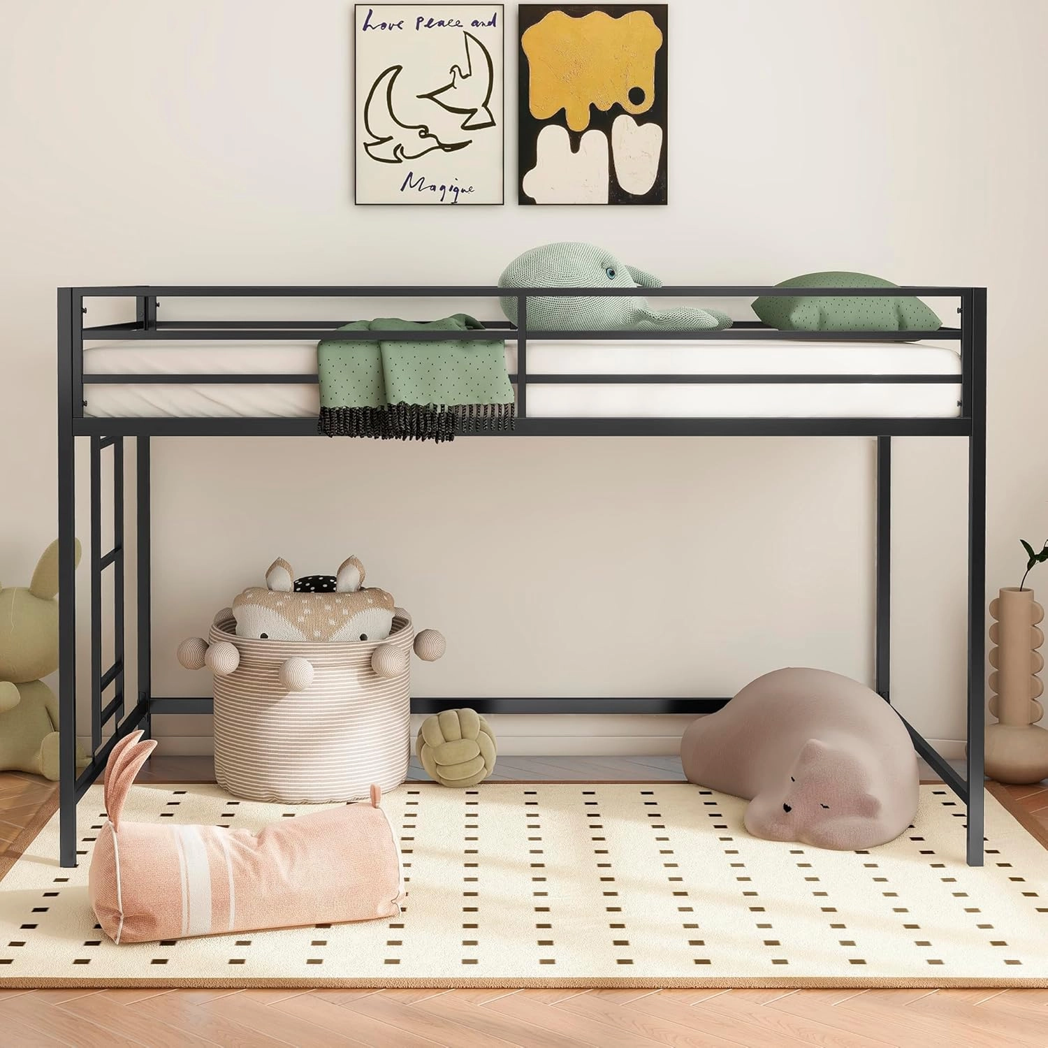 Twin Size Low Loft Bed for Kids,Kids Loft Bed Twin Size,Metal Loft Bed Frame for Boys Girls,Junior Low Loft Bed,Black