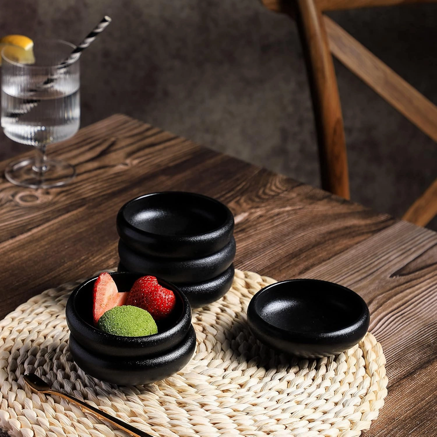 Uaral Soy Sauce Dishes Sushi Dipping Bowl Pinch Bowl Stoneware Black Small Serving Dish Set 3.35 Inch(4.5 oz,Texture Black)