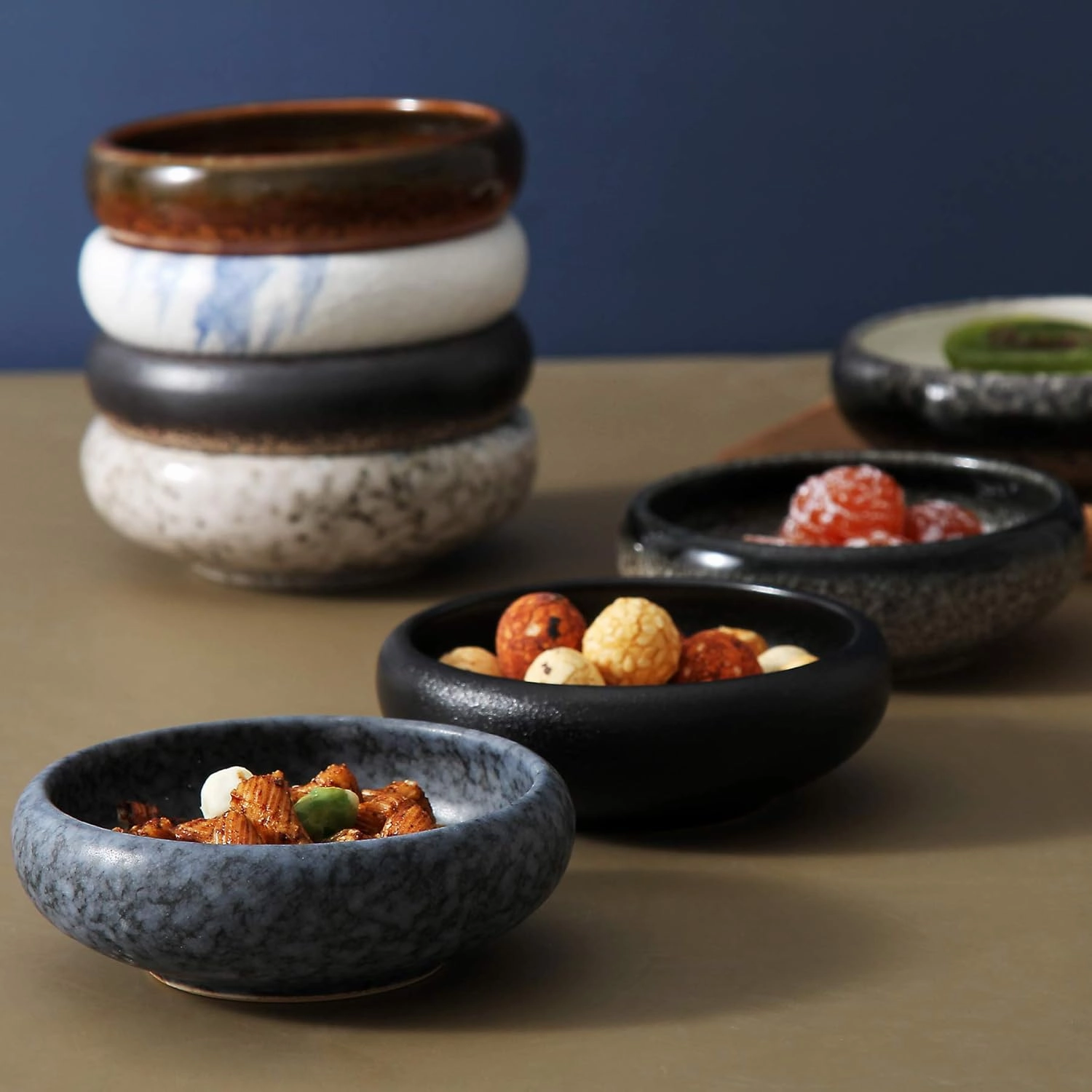 Uaral Soy Sauce Dishes Sushi Dipping Bowl Pinch Bowl Stoneware Black Small Serving Dish Set 3.35 Inch(4.5 oz,Texture Black)