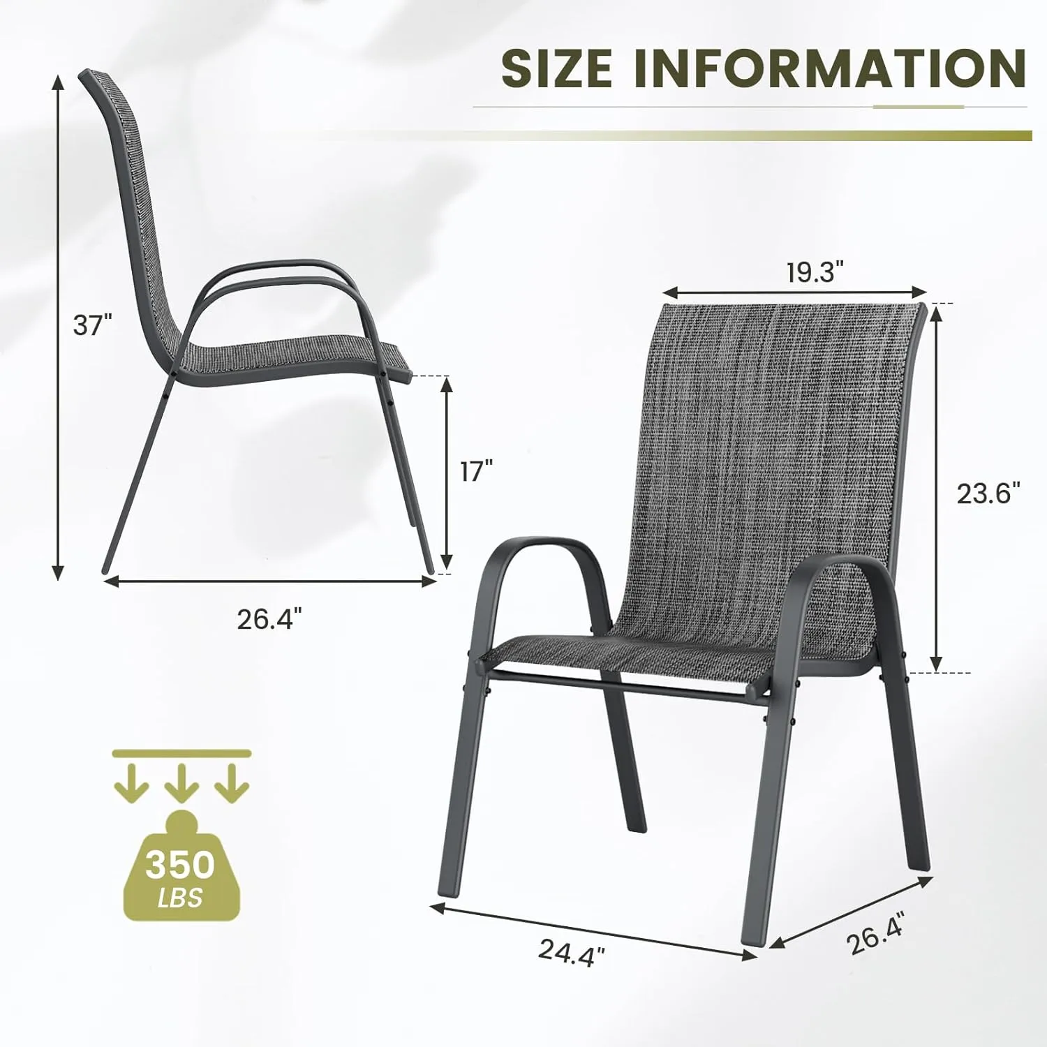 UDPATIO Patio Chairs Set of 2, Stackable Outdoor Dining Chairs for All Weather, Outdoor Furniture with Breathable Textilene Fabric, 350LBS Capacity, for Garden, Backyard, Deck (Dark Grey)