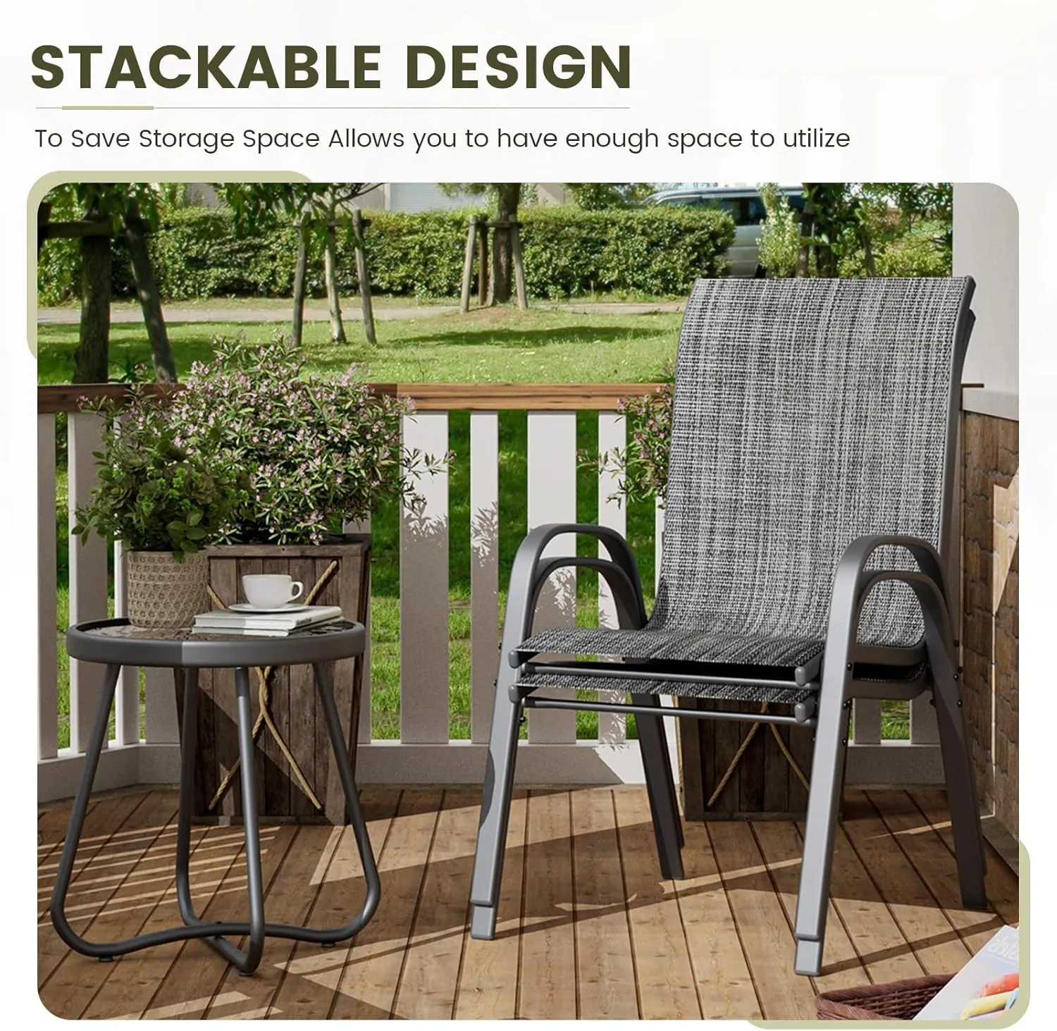 UDPATIO Patio Chairs Set of 2, Stackable Outdoor Dining Chairs for All Weather, Outdoor Furniture with Breathable Textilene Fabric, 350LBS Capacity, for Garden, Backyard, Deck (Dark Grey)