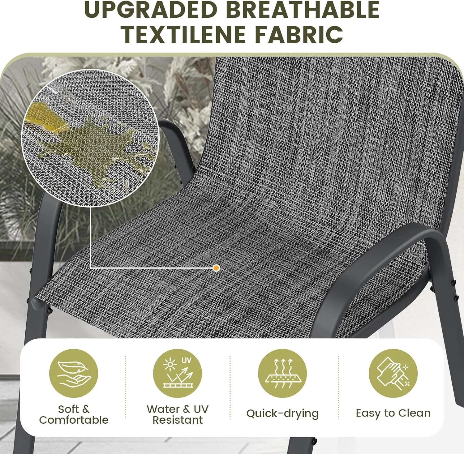 UDPATIO Patio Chairs Set of 2, Stackable Outdoor Dining Chairs for All Weather, Outdoor Furniture with Breathable Textilene Fabric, 350LBS Capacity, for Garden, Backyard, Deck (Dark Grey)