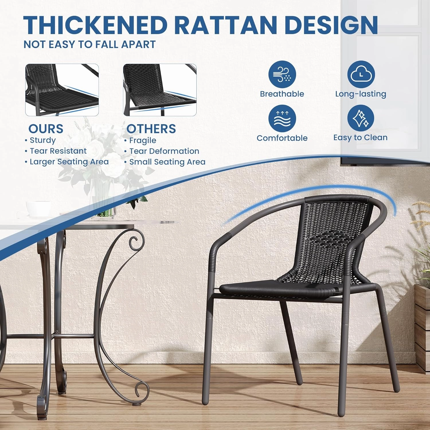 UDPATIO Rattan Outdoor Dining Chairs Set of 6, Wicker Stackable Patio Chairs with All Weather Curved Back & Metal Frame, for Indoor Restaurant Porch Deck, Black